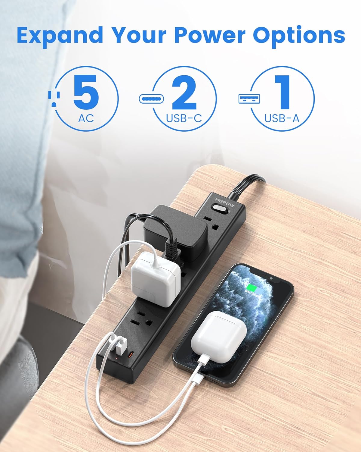 HOPOW Flat Plug Power Strip, 6 &10 Ft Ultra Thin Flat Extension Cord, Surge Protector with 5 Outlets & 2-3 USB Ports (2 USB C), 1700 Joules, Wall Mount, Desktop Charging Station for Home Office Dorm