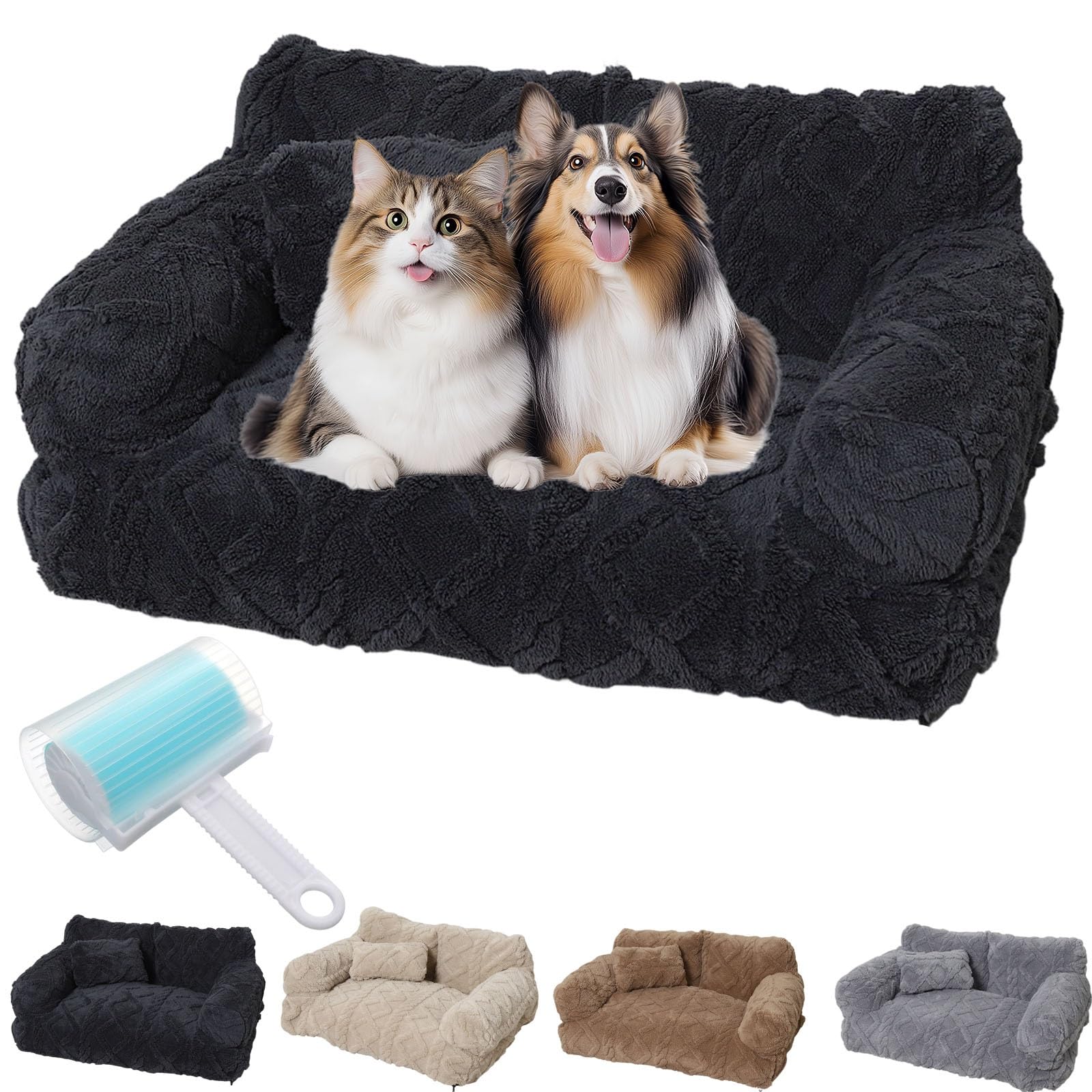 Kidlupe Plush Calming Pet Sofa Bed, Orthopedic Dog Bed for Large Medium Small Dogs, Calming Pet Sofa Beds with Removable Washable Cover, Anti-Anxiety Fluffy Plush Dog Couch(Dark Gray,M)