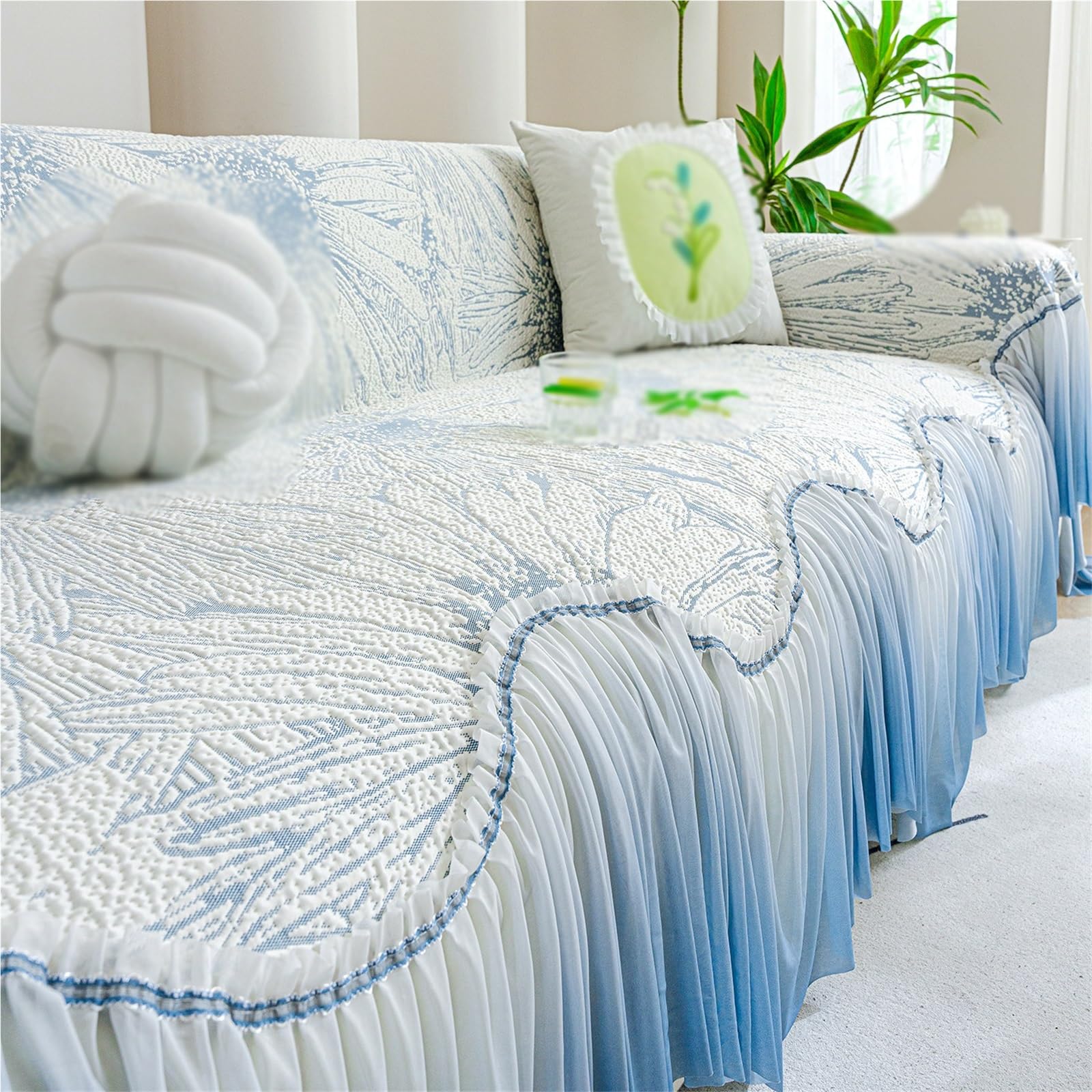 YAIUNHIQ Washable Soft Non‑Slip Sofa Cover, Vintage Gradient Edge Sofa Throw Blanket, Couch Slipcover for Living Room Home Decor(Blue,195 * 300cm)