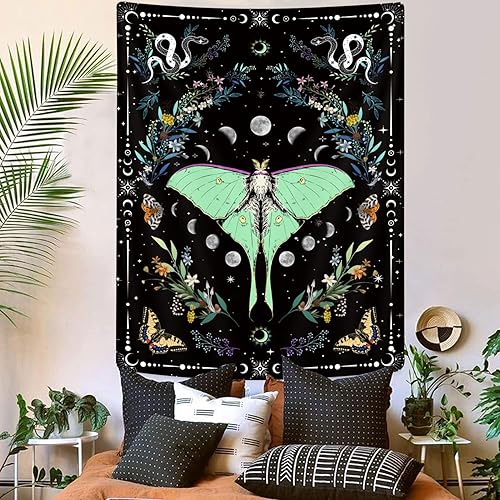 Miniatura 3 de Tapiz vertical estético bohemio con diseño floral de mariposa, fase lunar, sol, luna, lindo tapiz vintage botánico de plantas de hadas, tapiz para