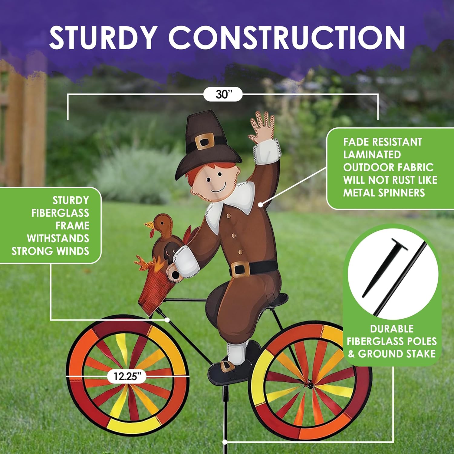 Bike Spinner Pilgrim 30" – Thanksgiving Harvest Design, Weather-Resistant Outdoor Decor, Durable & Lightweight for Patios, Yards, and Gardens - Eye-Catching Wind Spinner with Rotating Wheels