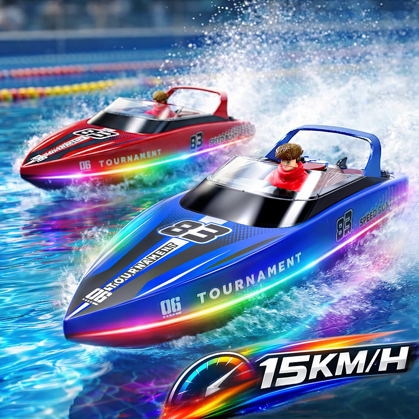 YESHIN Ferngesteuertes Boot 2er Pack, 15km/h RC Boot mit LED Licht, 4 Batterien, 2,4 GHz Fernsteuerung, Wasserdicht & Kentersicher, Geeignet für Pool & Seen, Geschenk für Kinder 8+ & Erwachsene