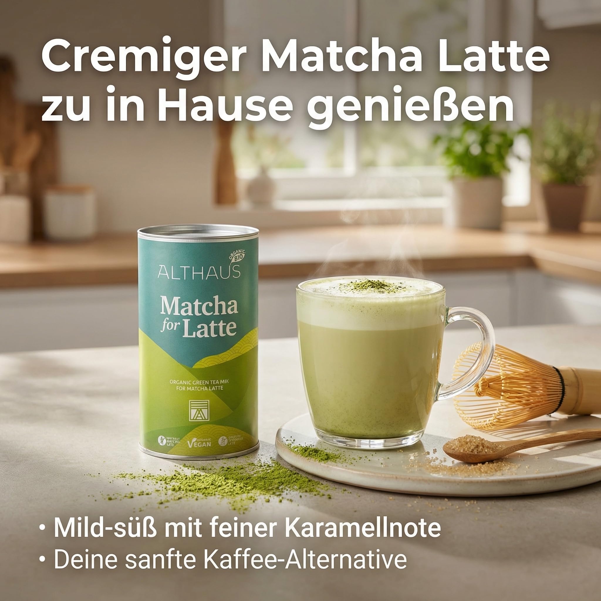 ALTHAUS Matcha Latte Pulver, Bio Grüntee-Mischung mit Rohrohrzucker, vegan glutenfrei laktosefrei, 400 g Dose, ca. 20 Portionen, mild-süßer Geschmack, schneller Genuss heiß oder kalt