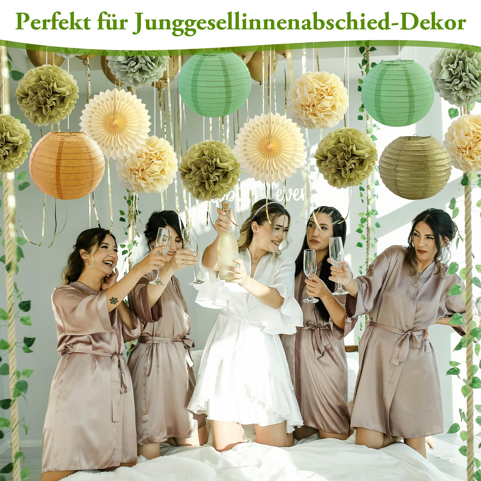Decorazioni Compleanno Verde Salvia E Rosa Oro – Kit Con Pompon, Lanterne E Striscione Per Festa Elegante