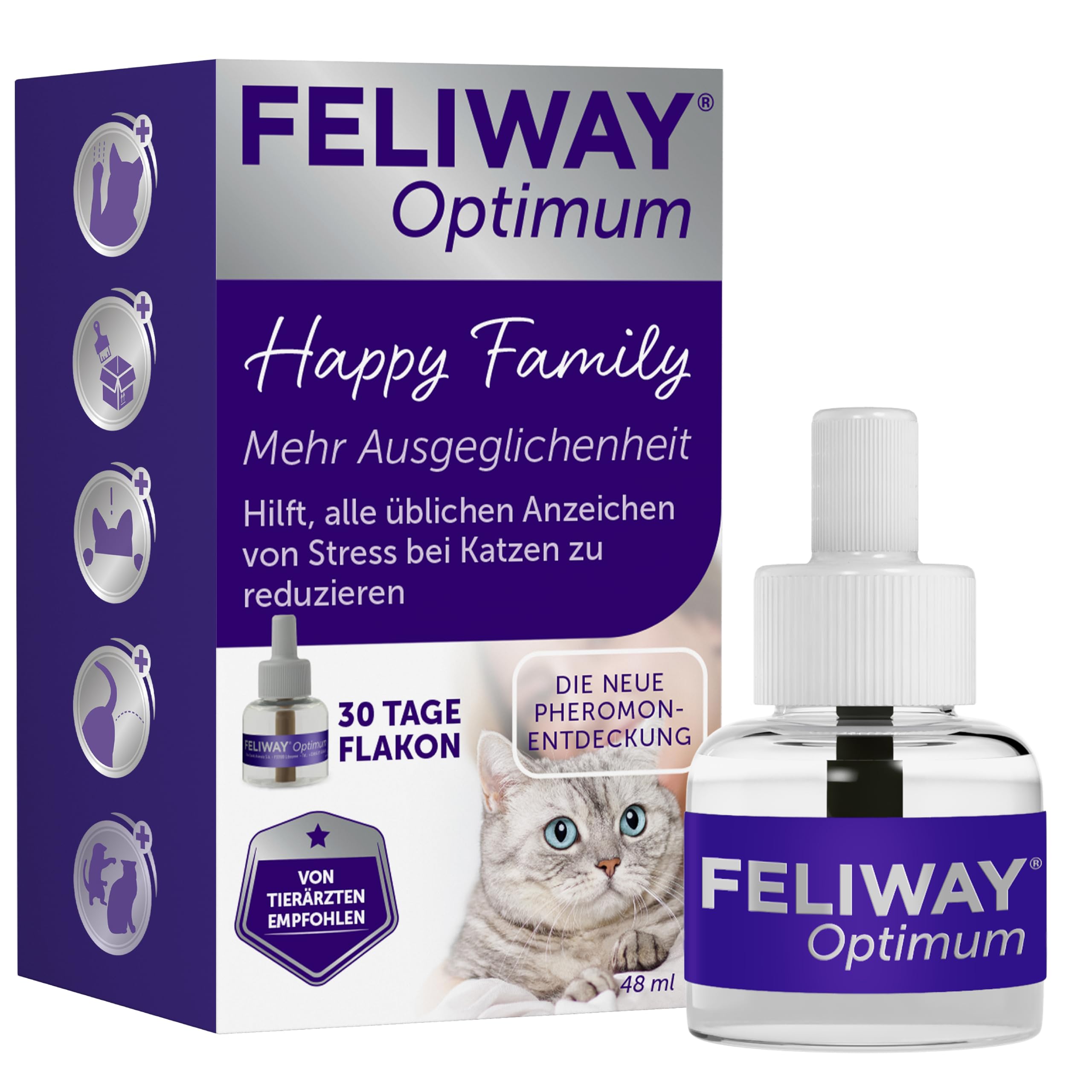 FELIWAY Optimum 30 Tage Nachfüller für Pheromon Verdampfer, 48ml - Hilft Anzeichen von Stress bei Katzen und Kitten zu reduzieren, von Tierärzten empfohlen, klinisch getestet, für mehr Harmonie