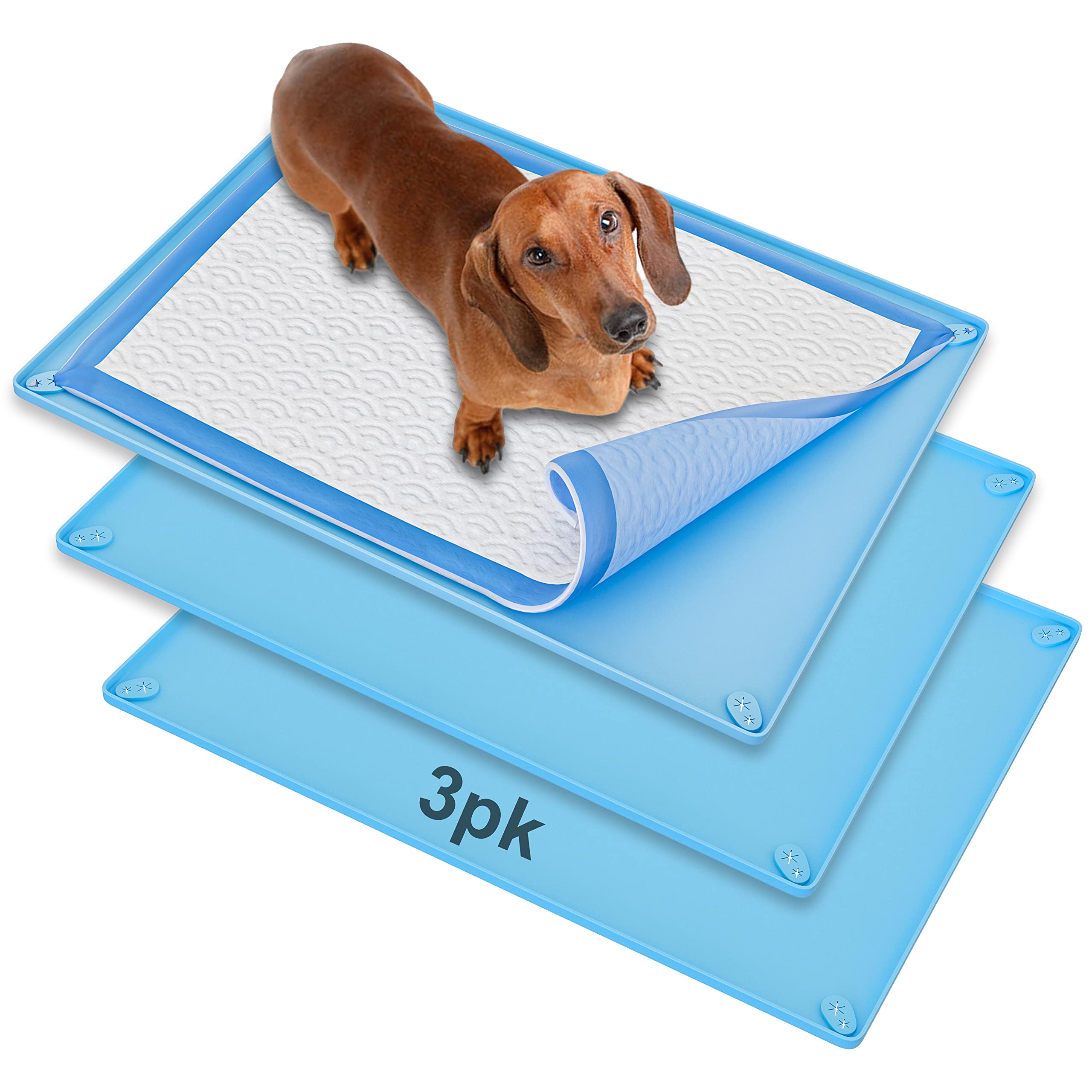 TidyFriend 3 Pk Pee Pad Holder Tray for 30” x 23” Pee Pads with Corner Lock Holes, Raised Edges, Non-Spill, Easy to Clean Silicone Dog Potty Tray