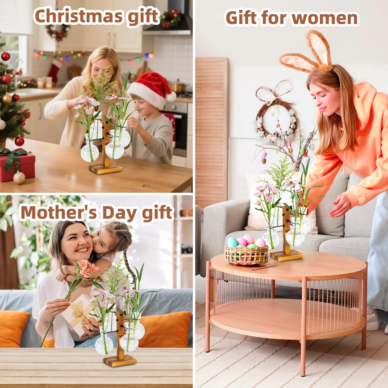 Station de propagation de plantes avec support en bois d'acacia et 4 vases en verre, vases de propagation élégants pour plantes, décoration de maison et de jardin – Cadeau idéal pour les amateurs de