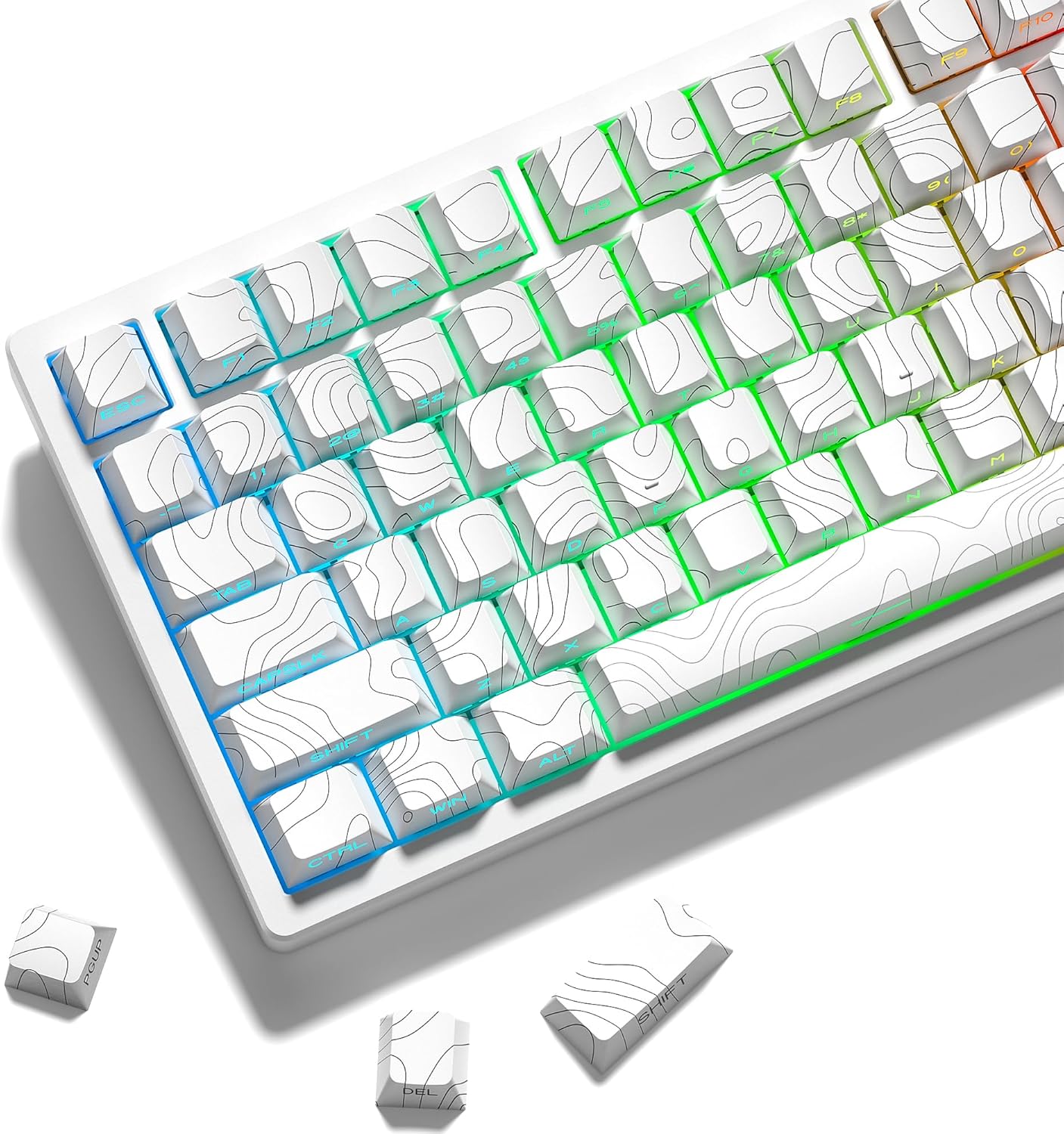 dagaladoo White Topographic keycaps pbt,Double Shot keycaps 75 Percent,Shine Through keycap Set,Side Print keybpard caps,Cherry Profile Key caps for Mechanical Keyboard 100%, 75%, 65%, 60% US Layout