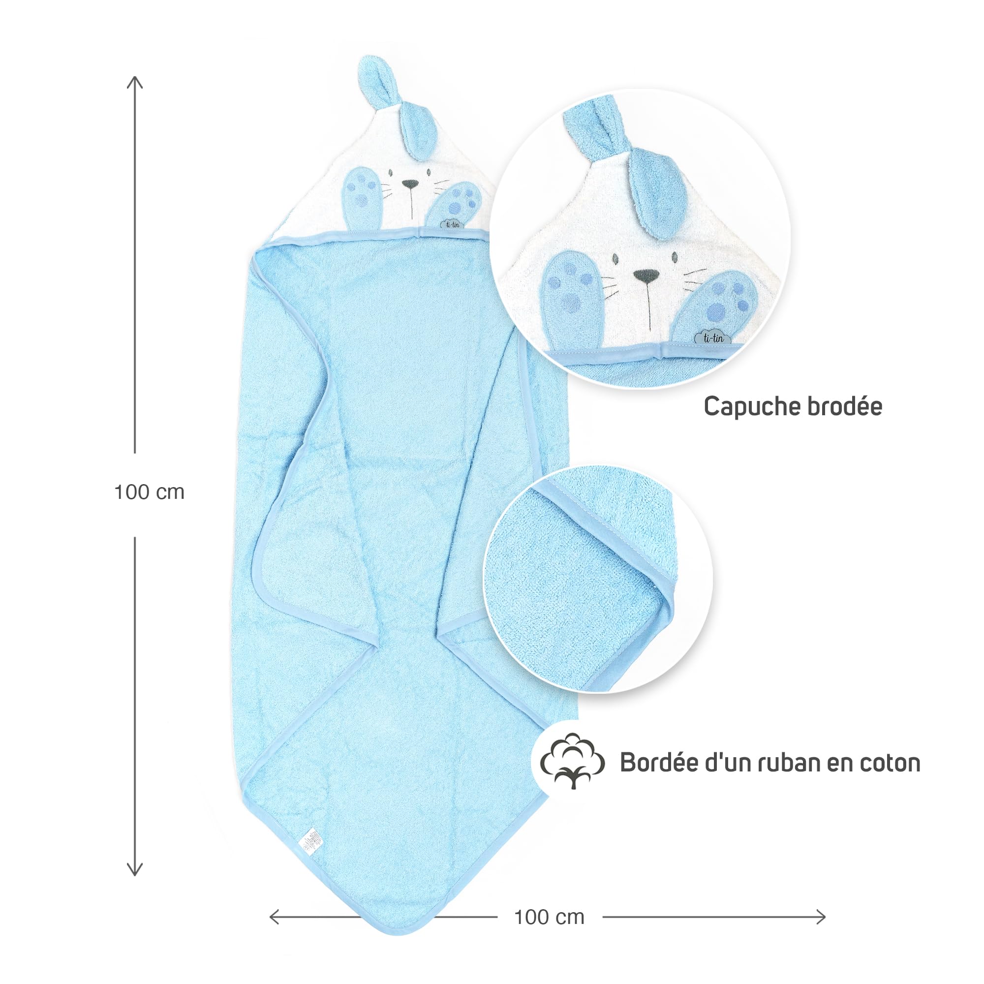 Image secondaire de Cape de Bain Douce pour Bébé - Motif Lapin Bleu et Blanc