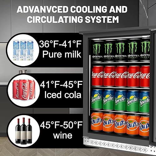 Miniatura 8 de Refrigerador de bebidas integrado de 20 pulgadas con puerta de vidrio, refrigerador de bebidas para 120 latas, refrigeradores bajo encimera o