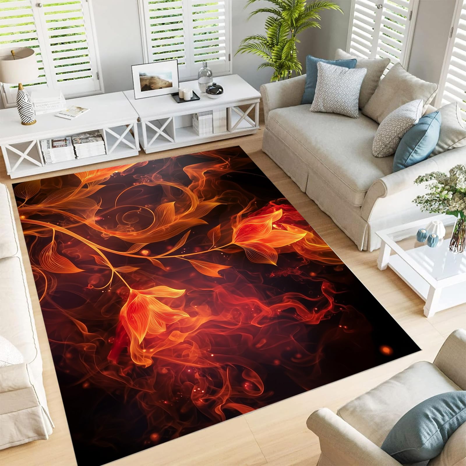 Tapis rouge foncé 180x270 cm lavable à motif floral abstrait pour salon