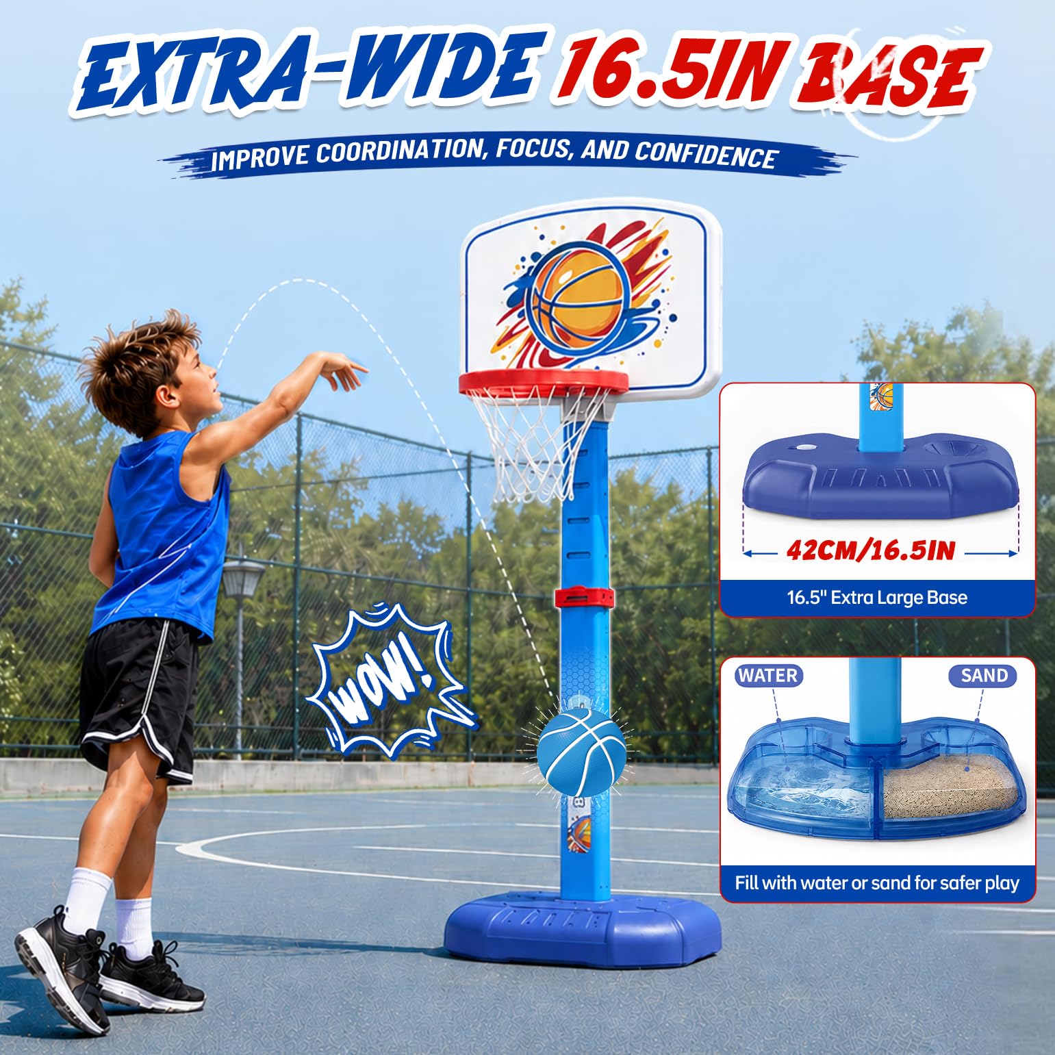 YESHIN Canestro da basket per bambini, per interni ed esterni, portatile, con pannello divertente, regolabile in altezza 77-140 cm, base stabile, 4 palle da basket e pompa, giocattolo per ragazzi e