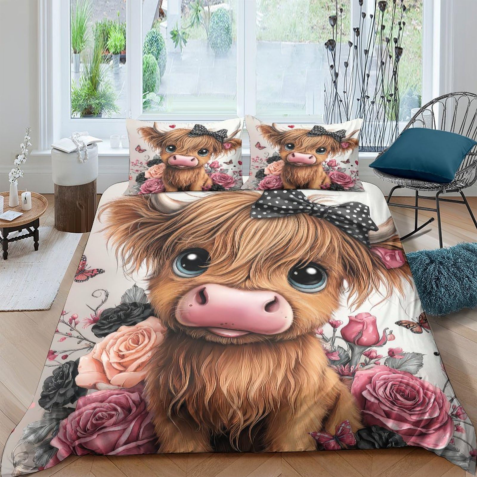 Ctjqhvkz Style-3 3D Printed Cute Highland Cow Fitted Sheet Microfiber Floral Bed Cover For Bedroom Guest Room Decor Protection Single（135X200cm）