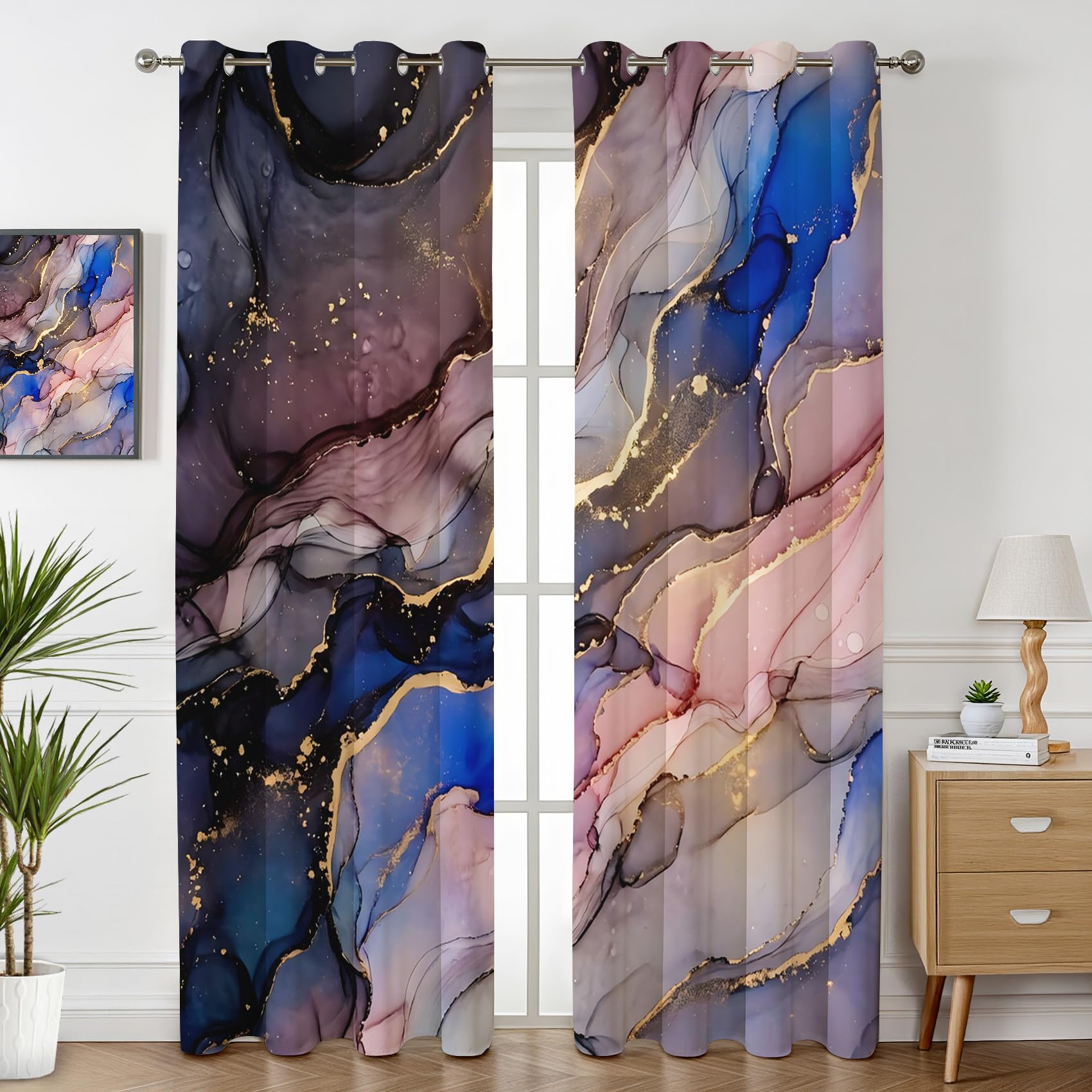 Havenix Blue Purple Pink Marble Blackout Curtains for Bedroom Living Room, Eyelet Curtains 90x90, Thermal Insulated Drapes for Windows, Modern Abstract Fluid Art Patterned Window Treatments, 2 Panels