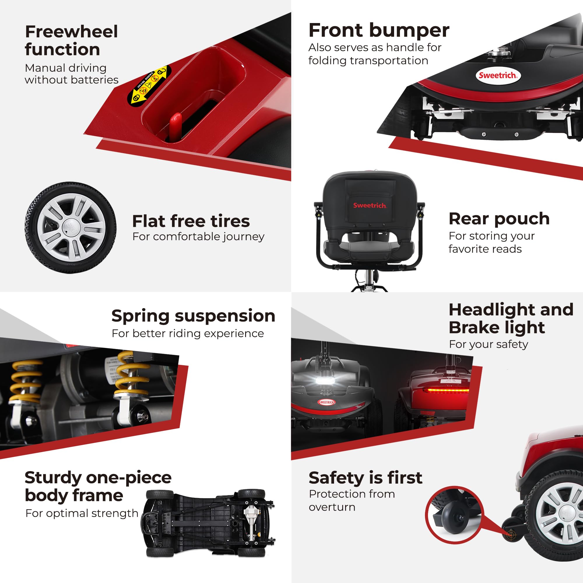 Scooter eléctrico de movilidad Sweetrich S1 SPORT para personas mayores, batería de 12 Ah, autonomía de 15 km. (Rojo)