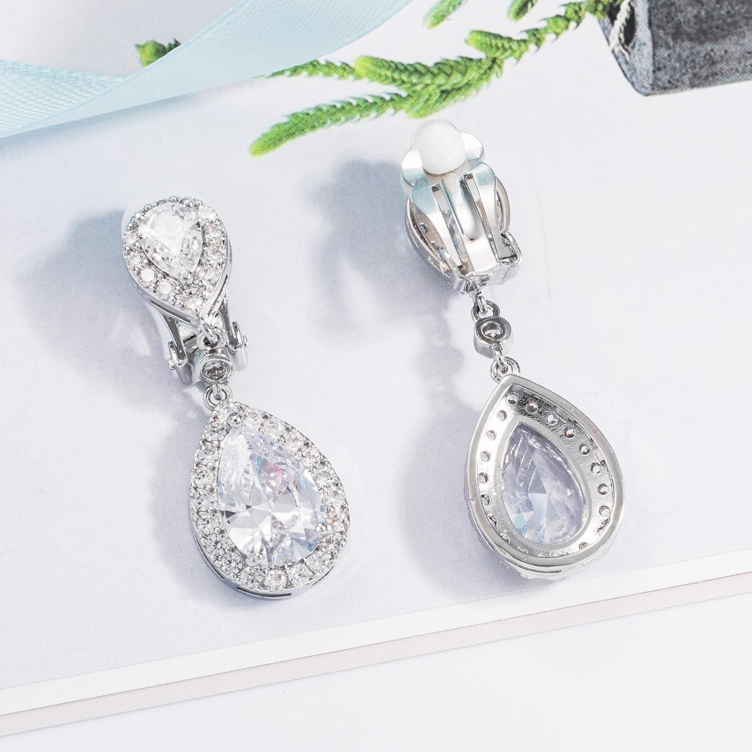 SELOVO Cubic Zirconia Wedding Bridal Clip on Teardrop Drop Earrings for Women Silver Tone - Image 4