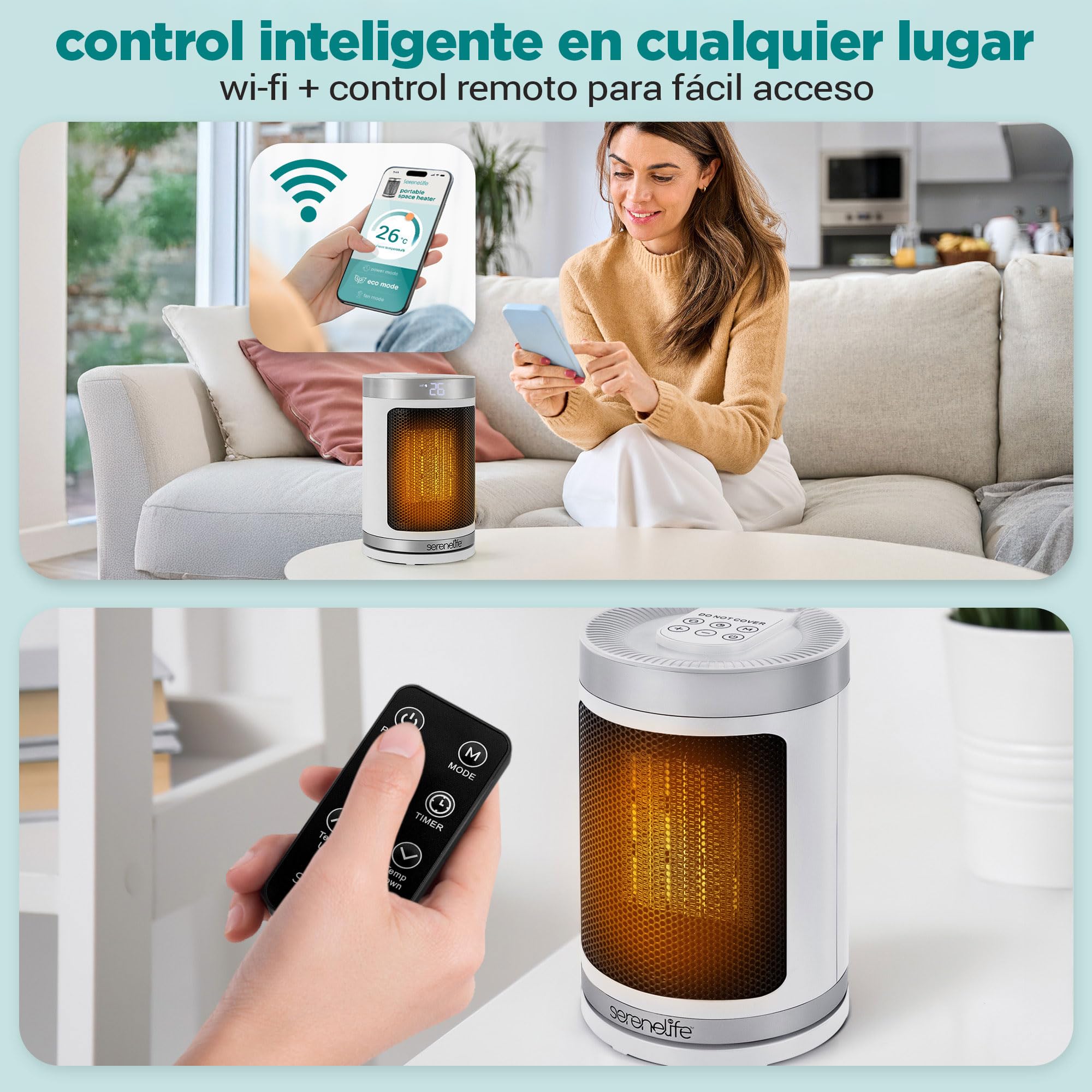 SereneLife Calefactor Eléctrico Cerámico PTC 1500W, Eficiencia Energetica, WiFi  Via Aplicacion Movil, Termostato Digital, Control Remoto, Temporizador de 12 Horas