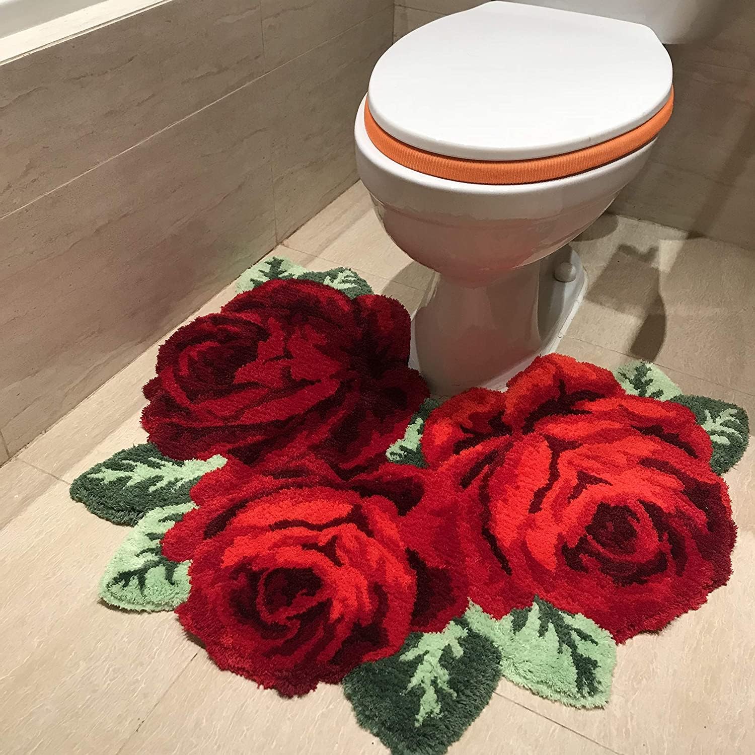 ABREEZE Rose Rug Toilet Mat Shaggy Rug Red Floral Mat Non-Slip Modern Carpet Washable Floor Mats for Bedroom/Sofa/Bathroom (3 Roses in Bloom, Red)