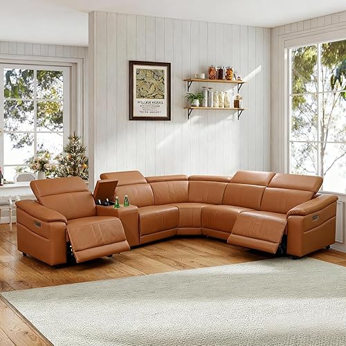 Power Reclining Sectional Sofa for Living Room - Leather Recliner with Console, Cup Holders & USB Ports for Family Movie Nights, Guests, and Everyday Comfort