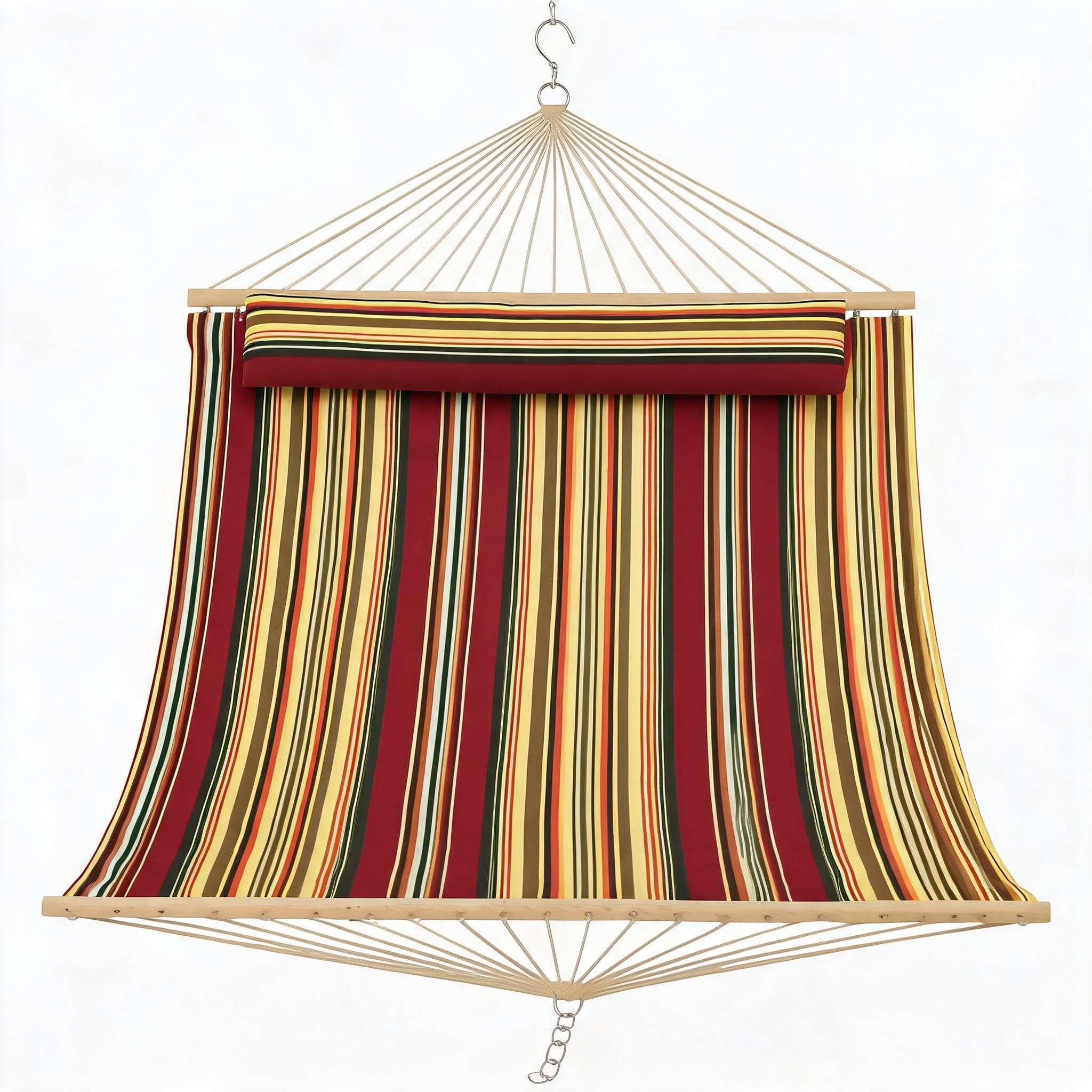 Double Quilted Fabric Hammock – Wooden Spreader Bar + Detachable Pillow + Chains Included – 450 Lbs Weight Capacity – Beige – Outdoor Relaxation Hammock for 2 Persons