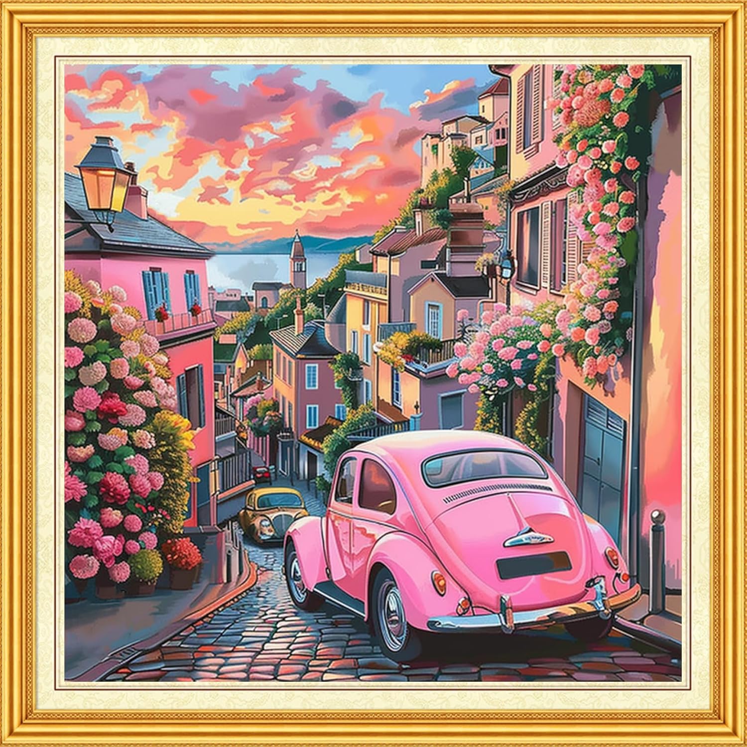 Dimxvean Stamped Cross Stitch Kits,Cross Stitch Kits for Adults Beginners,Embroidery Kits Full Range of Cross Stitch Stamped Kits Needlepoint Kits Cross Stitch Patterns-Flower Street Car 18x18 inchs