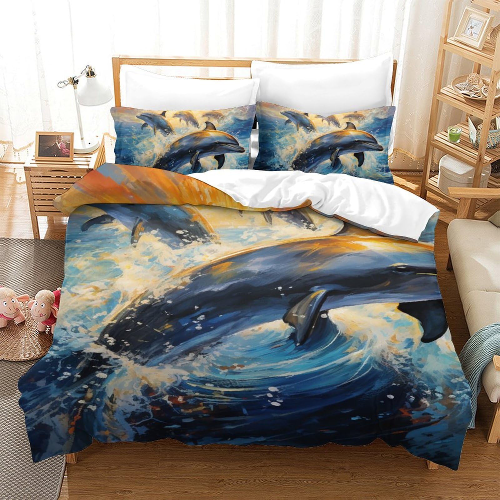 Housse de couette dauphin 3D 140x200 finie la couette qui glisse grâce à la fermeture éclair enfant