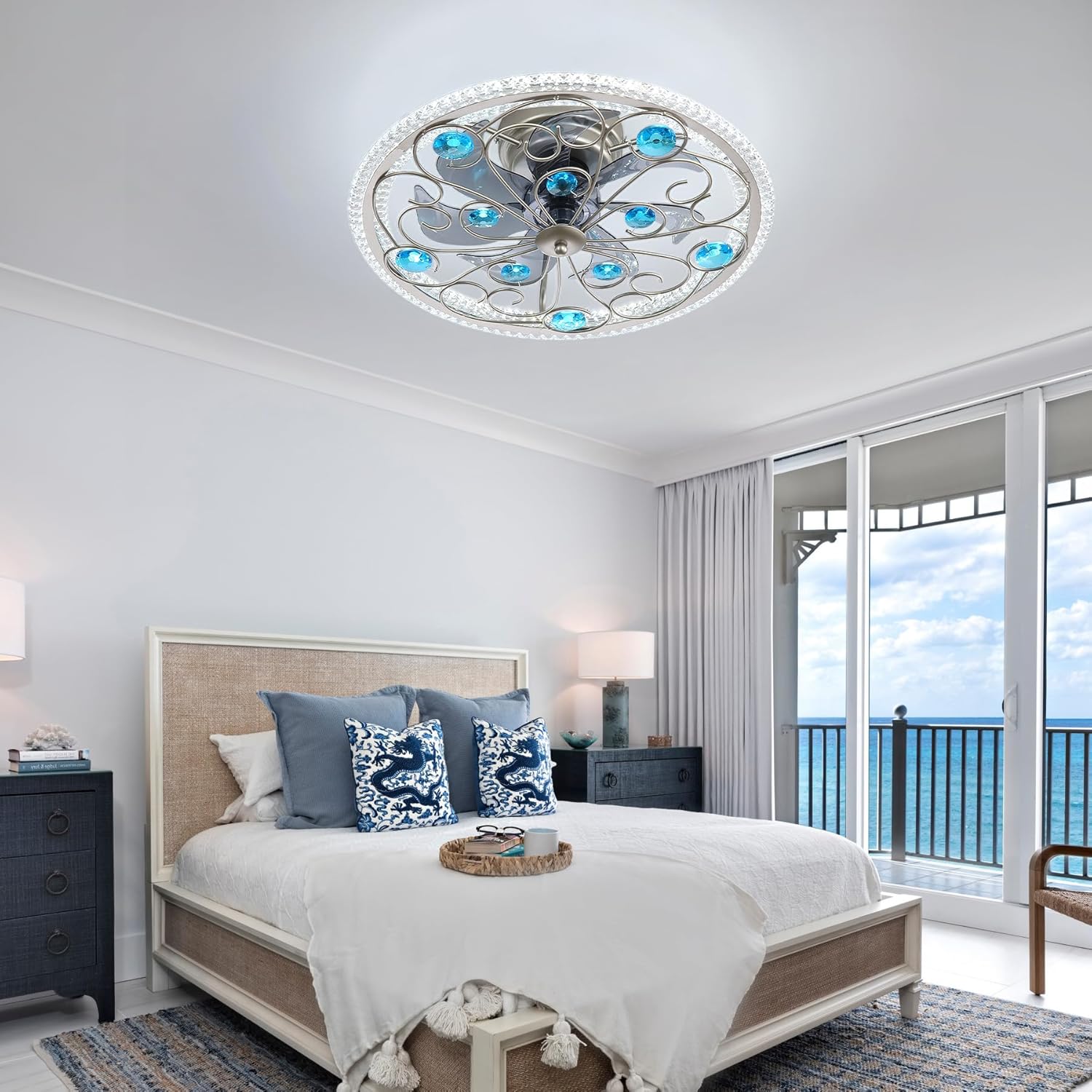 Low Profile Ceiling Fan with Lights 20" Ceiling Fan with Remote Bladeless Ceiling Fan Boho Vintage Flush Mount Ceiling Fan with Light 3 Color Smart LED Dimmable,Handmade Antique Vintage Silver