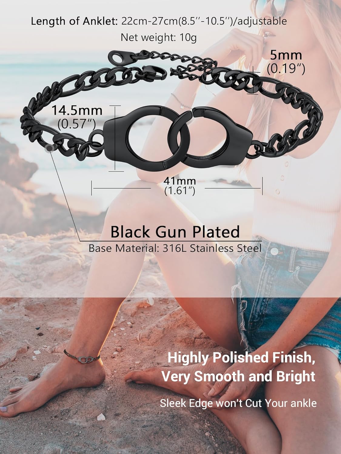 PROSTEEL Trendy Handcuffs Design/Customize Words Ankle Bracelet For Women, 316L Stainless Steel Anklets Silver/Gold/Black Tone, Hypoallergenic, Come with Box - Image 3
