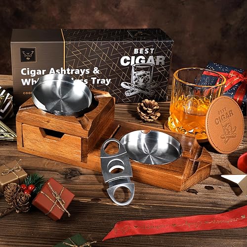 Miniatura 2 de Oaksea Regalos para hombres, papá, marido, cenicero de madera multijugador con bandeja de vidrio de whisky y 2 posavasos, accesorios de puros, juego