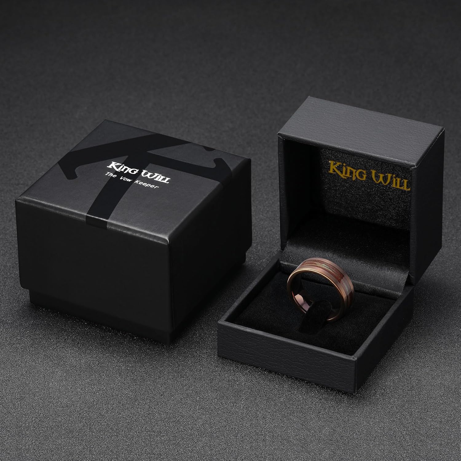 King Will 8mm Mens Tungsten Wedding Band Gorgeous Golden/Silver/Brown Flat Pipe Cut Carbide Ring Yellow/White/Mocha Green Sand Inlay Men's Engagement Ring Matte Brushed Finish Comfort Fit Size 7-14