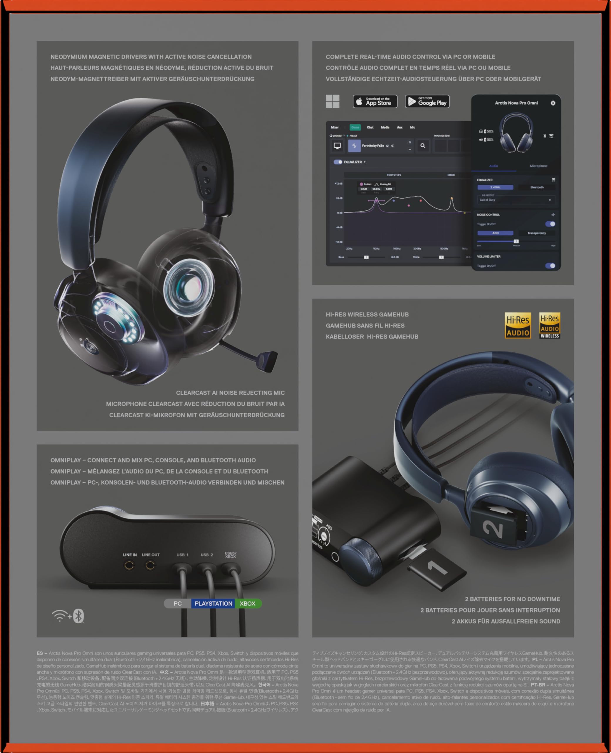 SteelSeries Arctis Nova Pro Omni – Bezprzewodowy dźwięk Hi‑Res, 96kHz/24bit, ANC, mikrofon ClearCast Pro, redukcja szumów AI, aplikacja mobilna, Mix 2,4GHz + BT, OmniPlay PC+PS5+Xbox – Midnight Blue