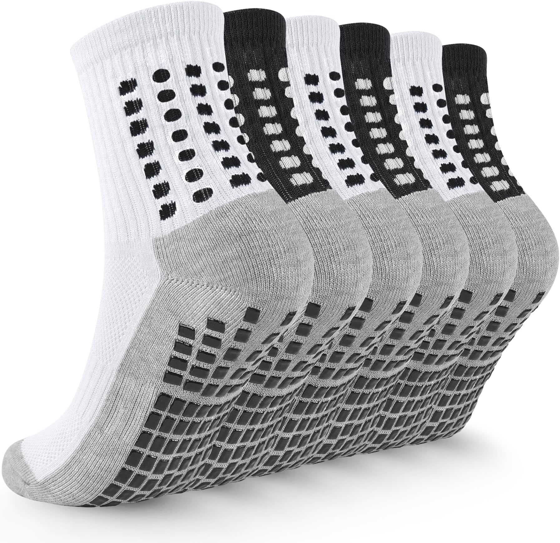 Kids Grip Soccer Socks Boys Football Non Slip Socks Cushioned Athletic Crew Sock Running Sports 7-10 Years Kids Children 6 Pairs (3Black+3White, M)