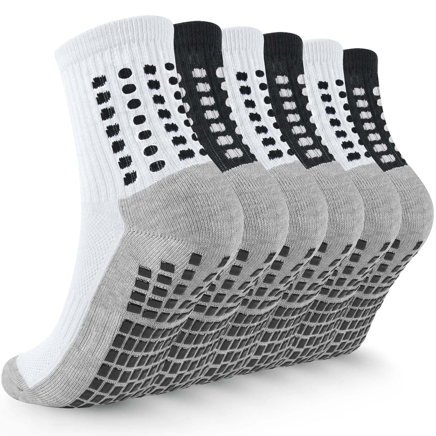 Kids Grip Soccer Socks Boys Football Non Slip Socks Cushioned Athletic Crew Sock Running Sports 7-10 Years Kids Children 6 Pairs (3Black+3White, M)