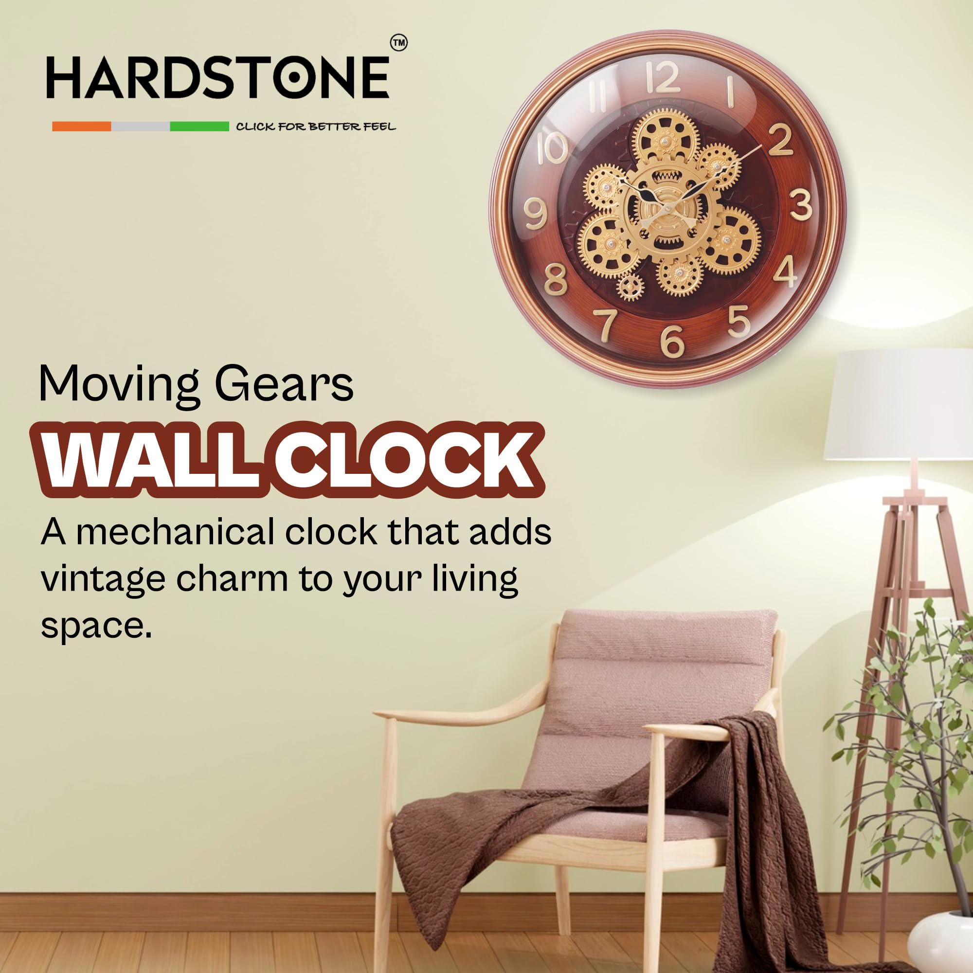 HARDSTONE 16-Inch Moving Gear Wall Clock with Real Rotating Gears, Elegant Wooden Look Finish, Brown, Vintage Decor for Living Room & Office, Battery Operated Large Display 2