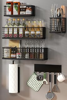Magnetic Spice Rack for Refrigerator,With Strong Magnet Paper Towel Holder and Hooks,Home and Kitchen Storage Essentials,Suitable for Laundry Room,Coffee Machine,Rv (Black, 6-Pack)