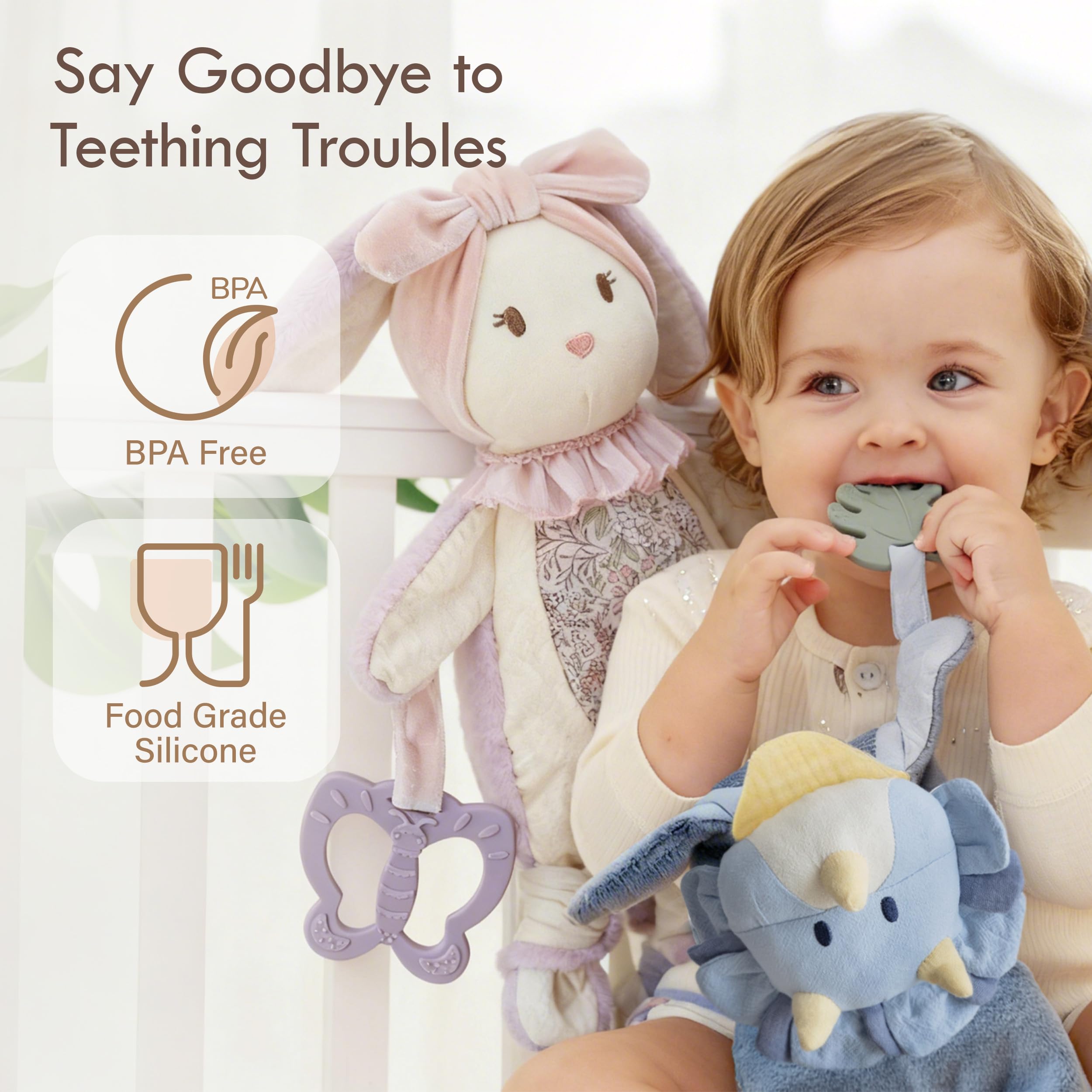 Moonkie Doudou Neonato, Peluche per bambini Coniglio, Copertina con Giochi Dentizione, Regalo Neonata Femmina per Baby Shower e Compleanni, Peluche con Nastri Testurizzati, Orecchie Fruscianti