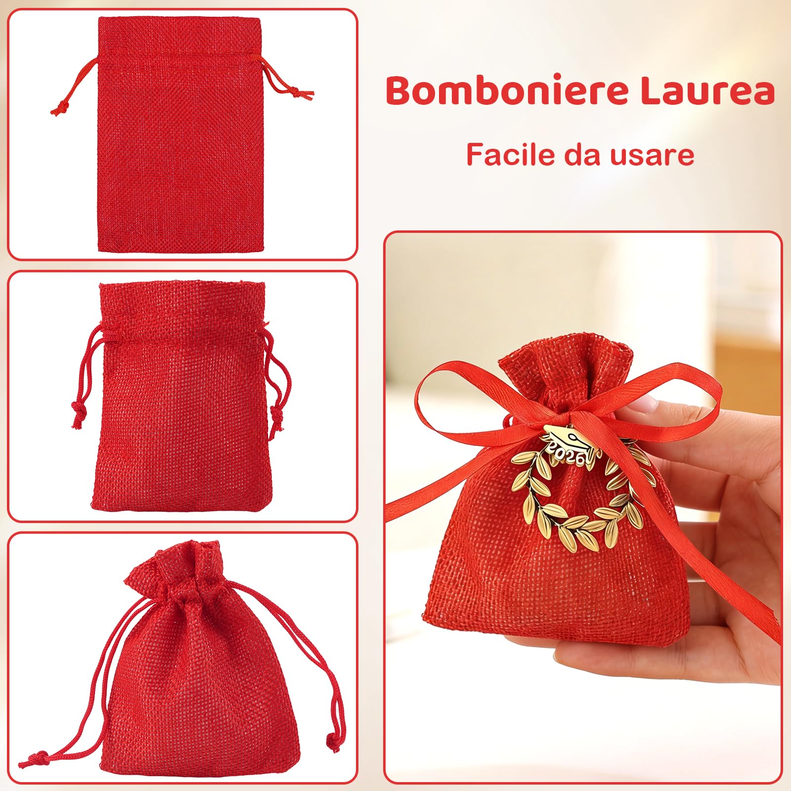 24Pz Bomboniere Laurea Portaconfetti, Rossa Sacchetti Laurea con Ciondoli Corona Alloro, Biglietti e Nastro per Cerimonie, Feste - 5
