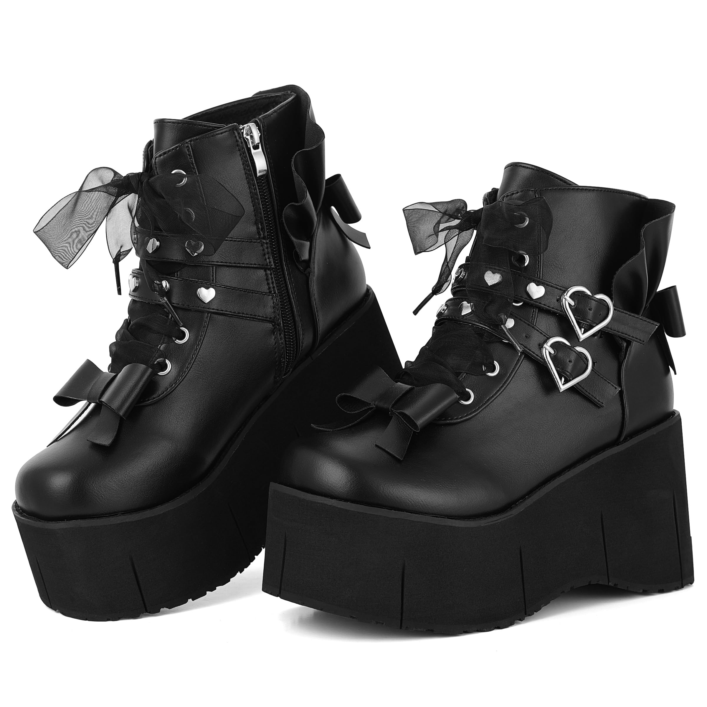 Black Platform Ankle Boots for Women Goth Rave Shoes Punk Rivet Lace Up Zipper Round Toe Wedge Chunky