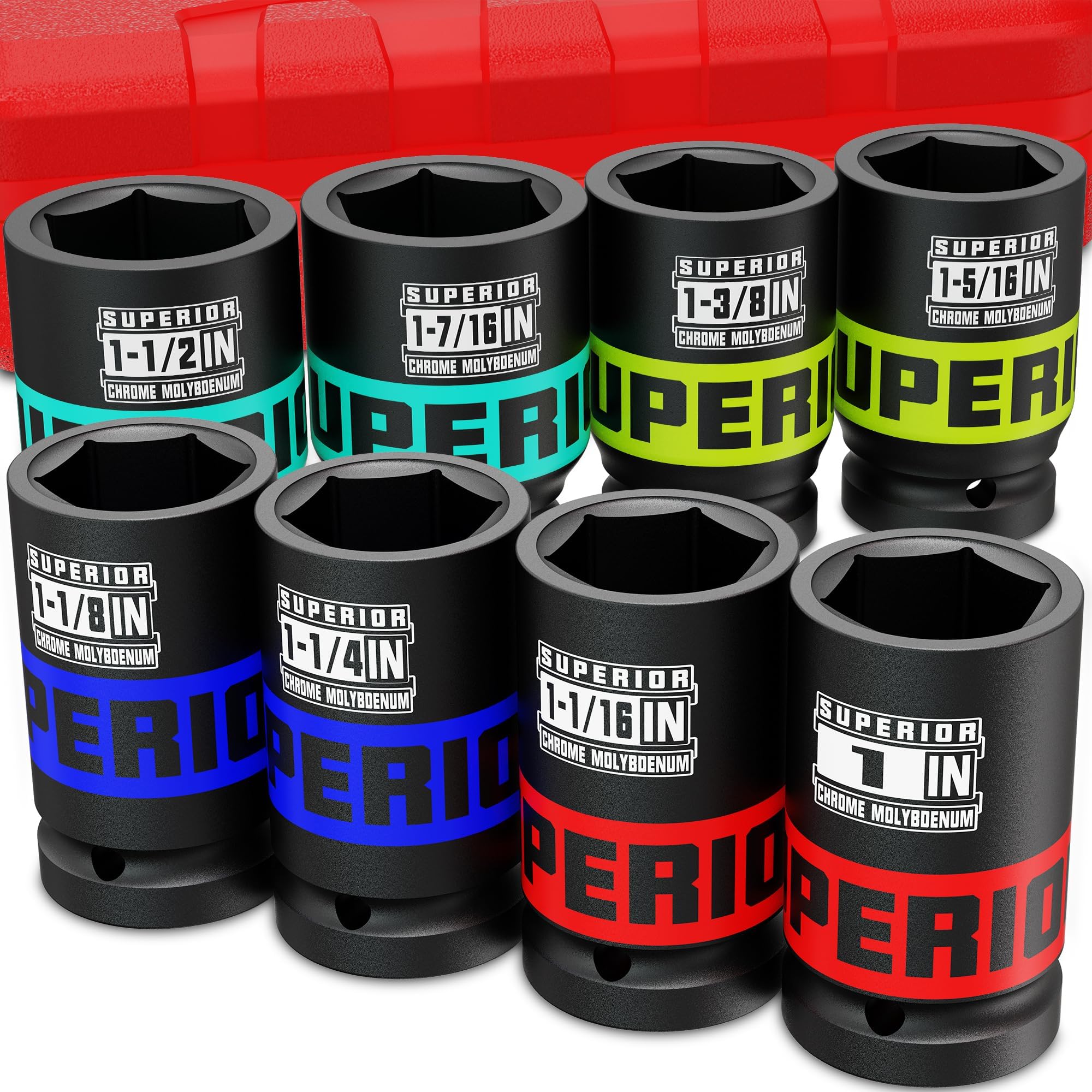 8 Piece 3/4" Drive Impact Socket Set, 1" - 1-1/2" Axle Nut Socket, SAE, 6-Point, Heavy Duty CR-MO, Large Automotive Repairs, Agricultural implement