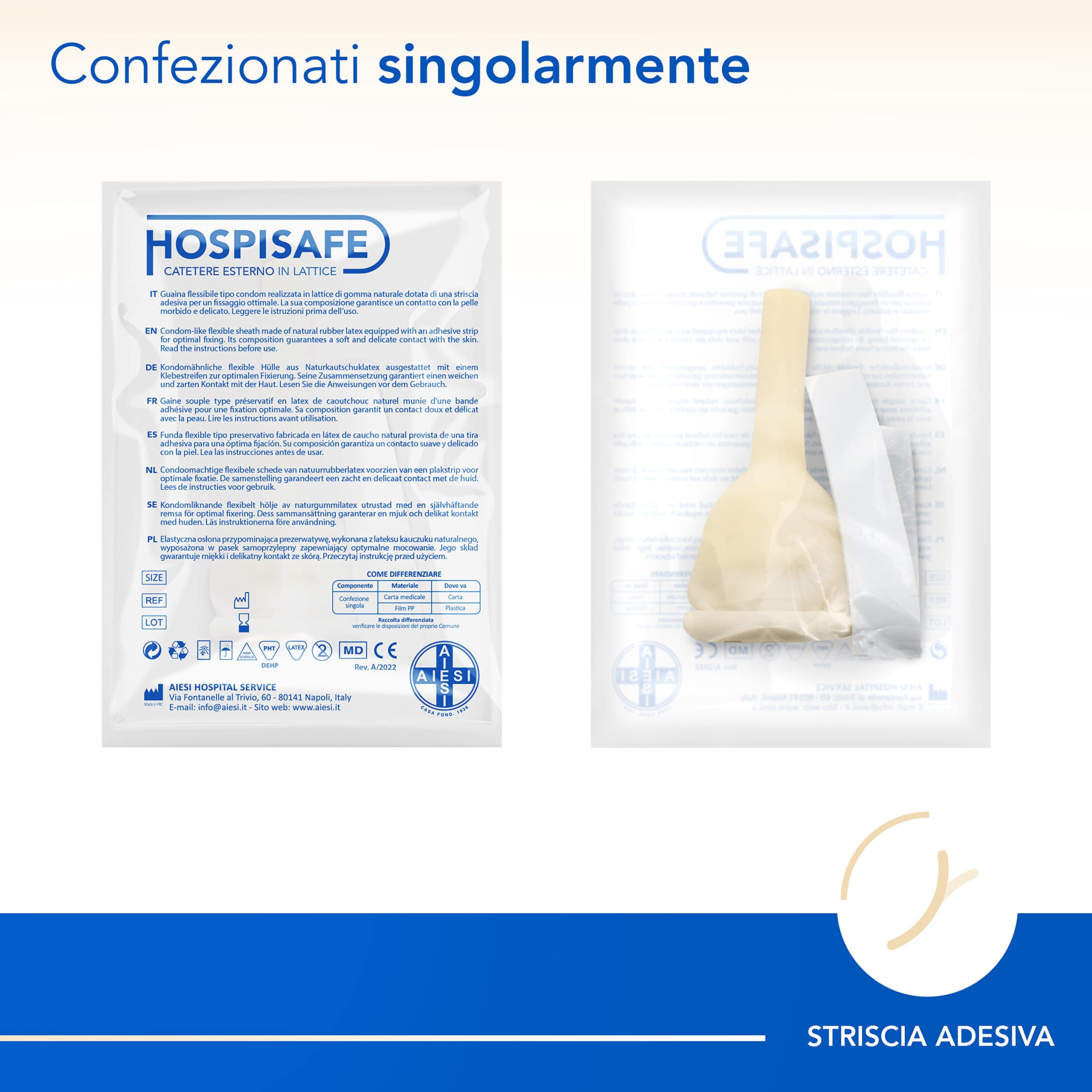 AIESI® Catetere esterno per uomo 30 mm (50 pezzi) in lattice con striscia adesiva HOSPISAFE