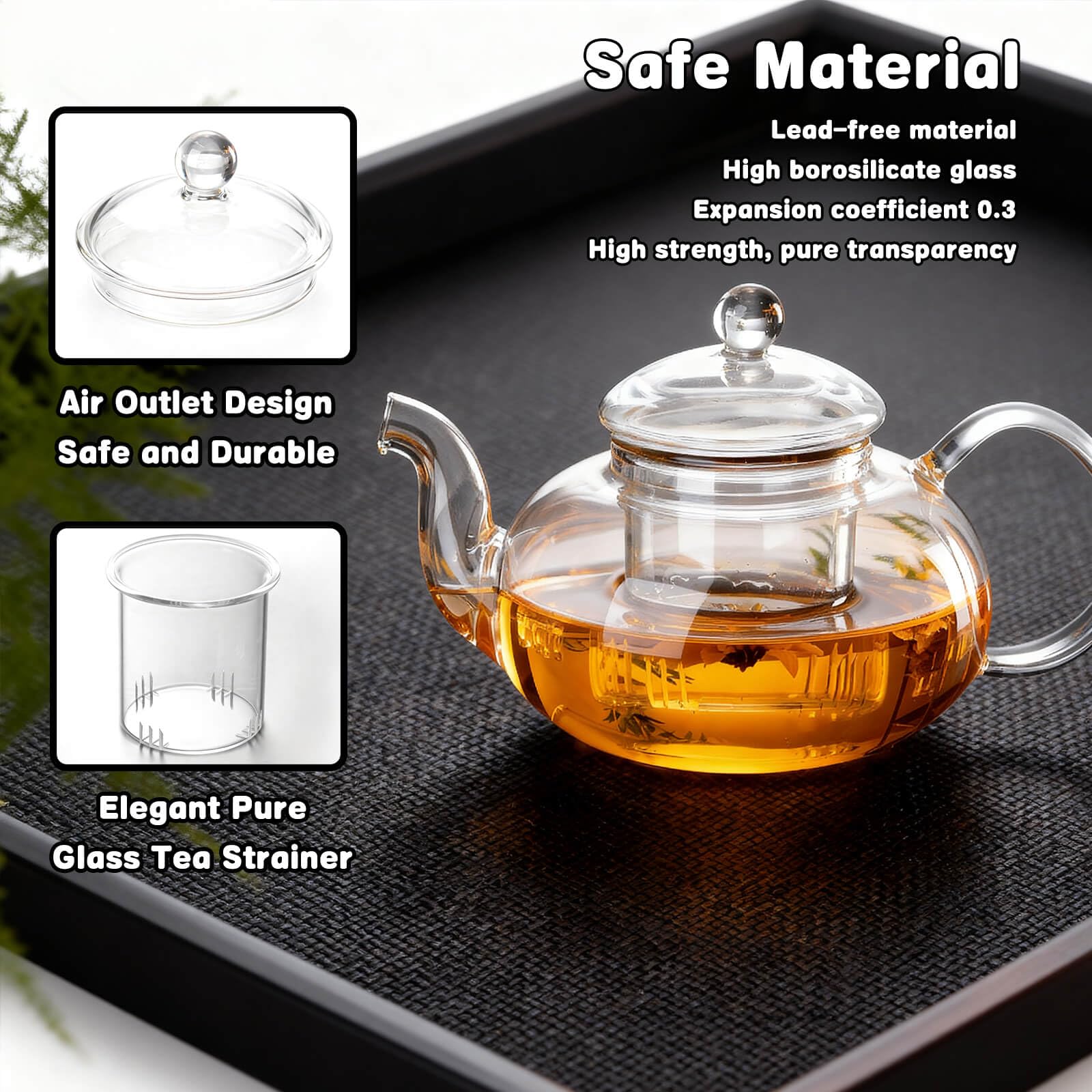 Theepot van glas met uitneembare glazen kan en deksel, hittebestendig