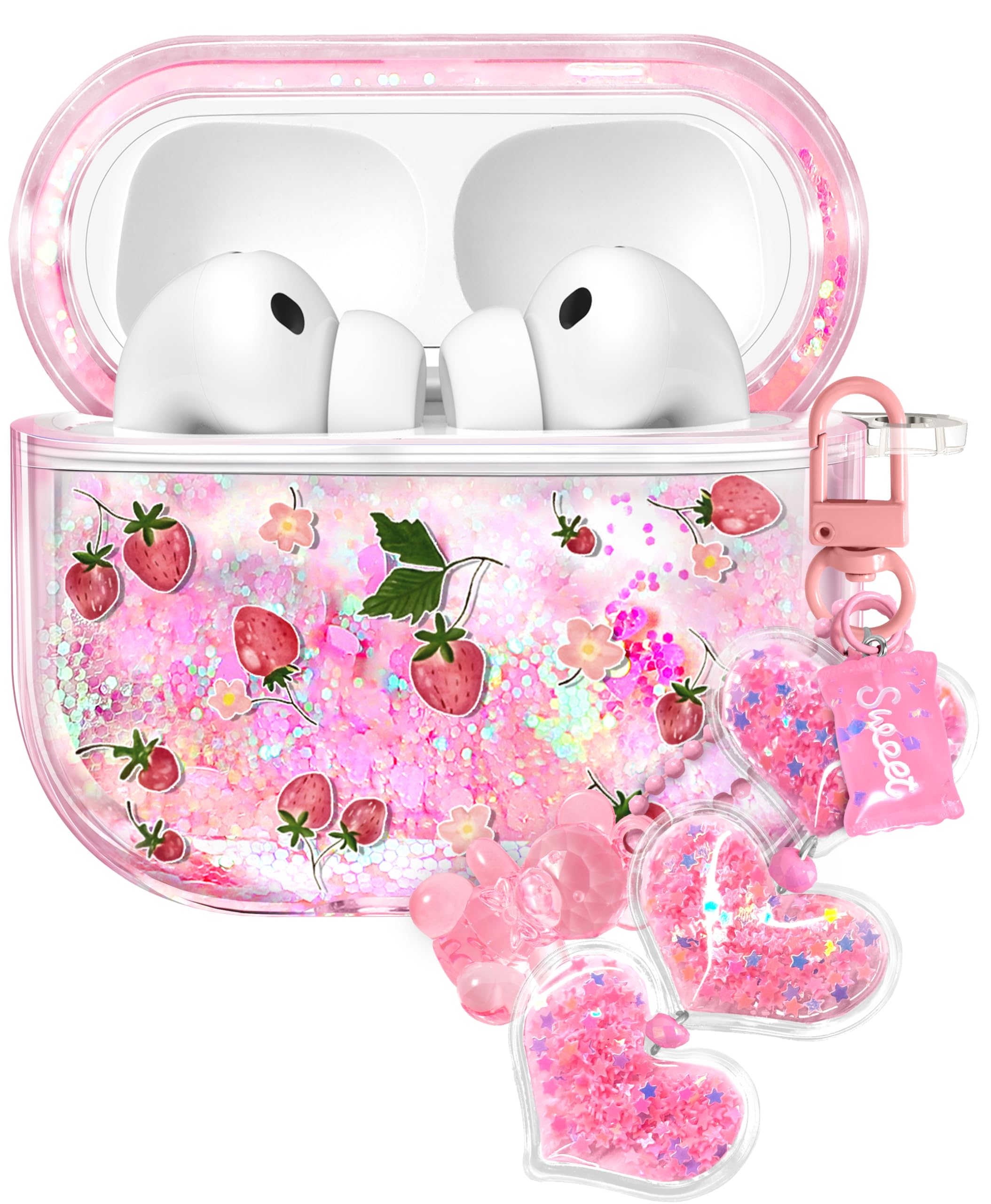 Photo 1 of Joyleop for Airpods Pro 3 Case - Cute Girly Quicksand Liquid for Women Girl Aesthetic Shiny Bling Stylish Strawberry Design Protective Case for Airpods Pro 3rd Generation 2025 Cover with Keychian