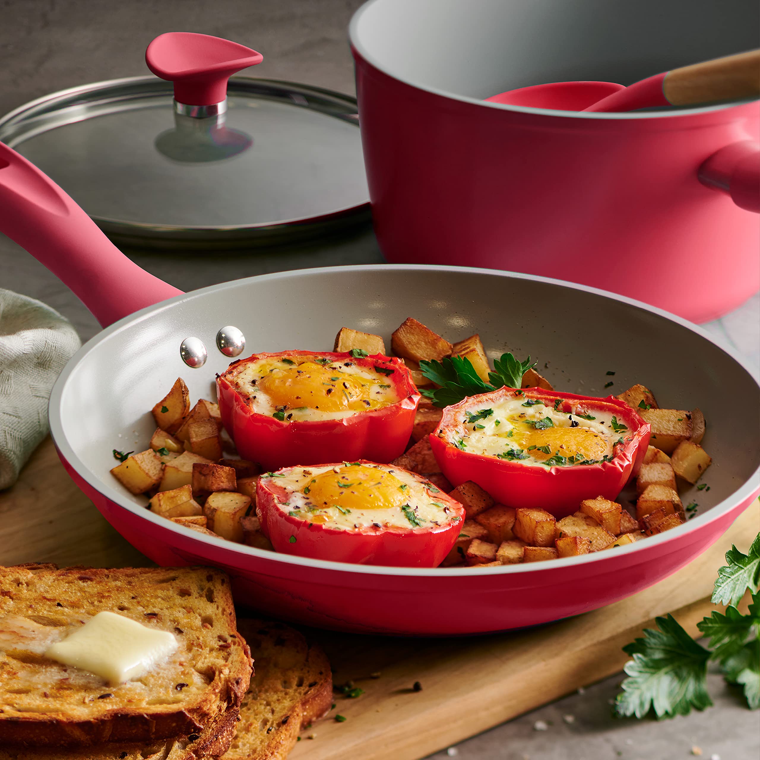 Tramontina Solara Set antiaderente in ceramica con coperchio, 14 pezzi, pentole e padelle in alluminio pesante, antiaderente, lavabile in lavastoviglie e adatto al forno (rosso)