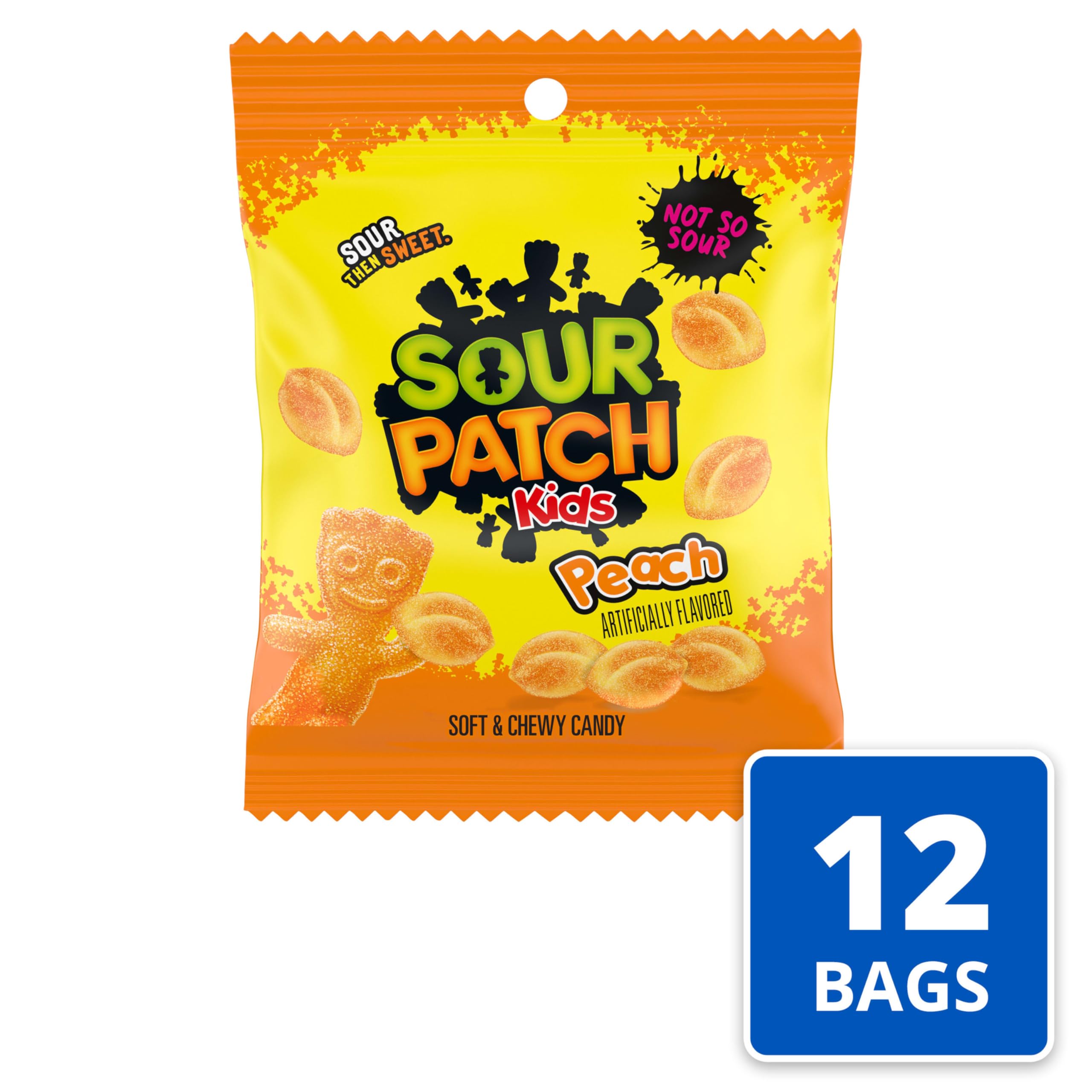 SOUR PATCH KIDS Caramelos suaves y masticables de melocotón, bolsas de 101 g, paquete de 12