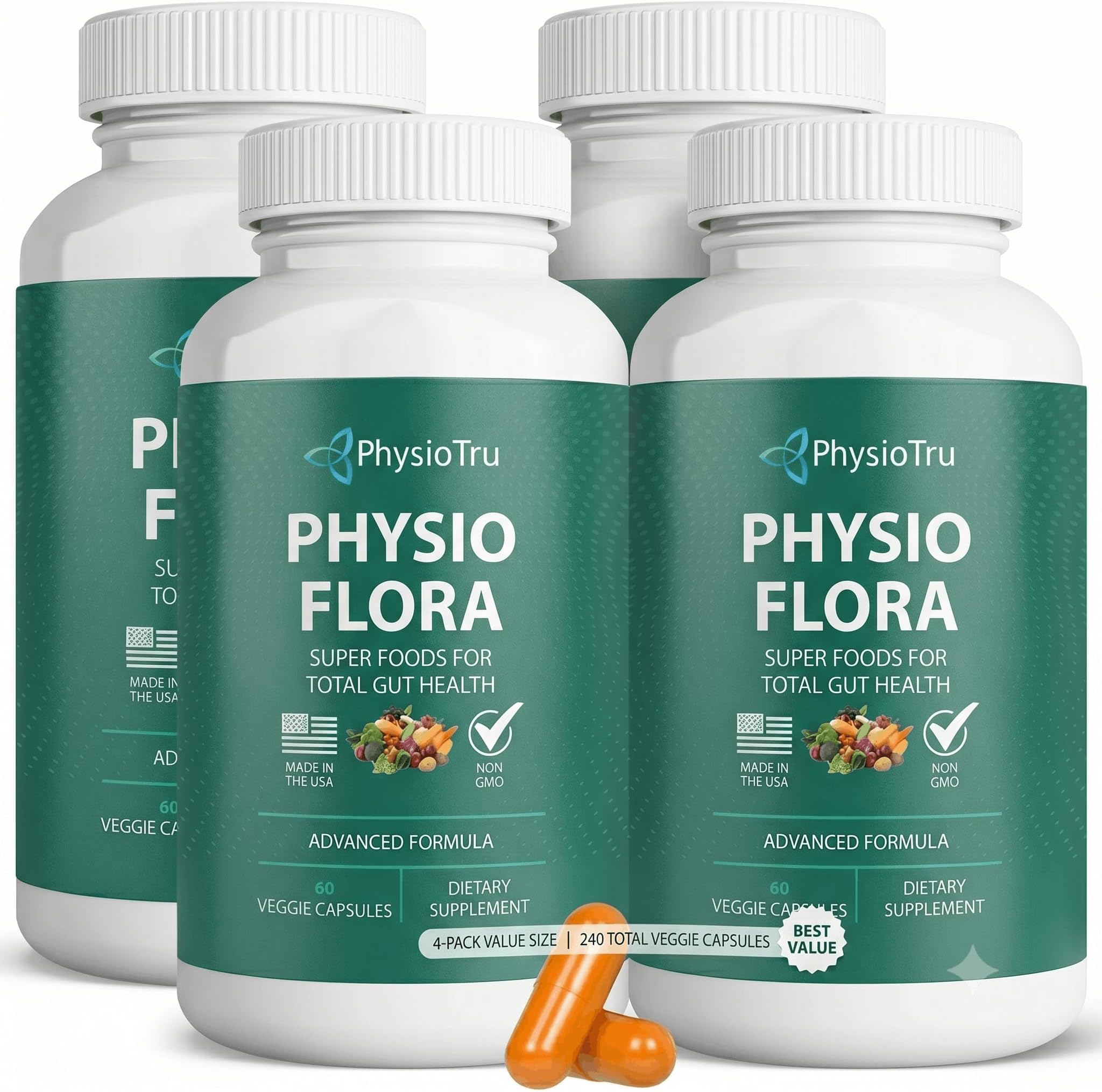 Physio Flora Curcumin Piperine, Probiotics and Prebiotics for Gut, 60 Veggie Capsules (4 Pack)