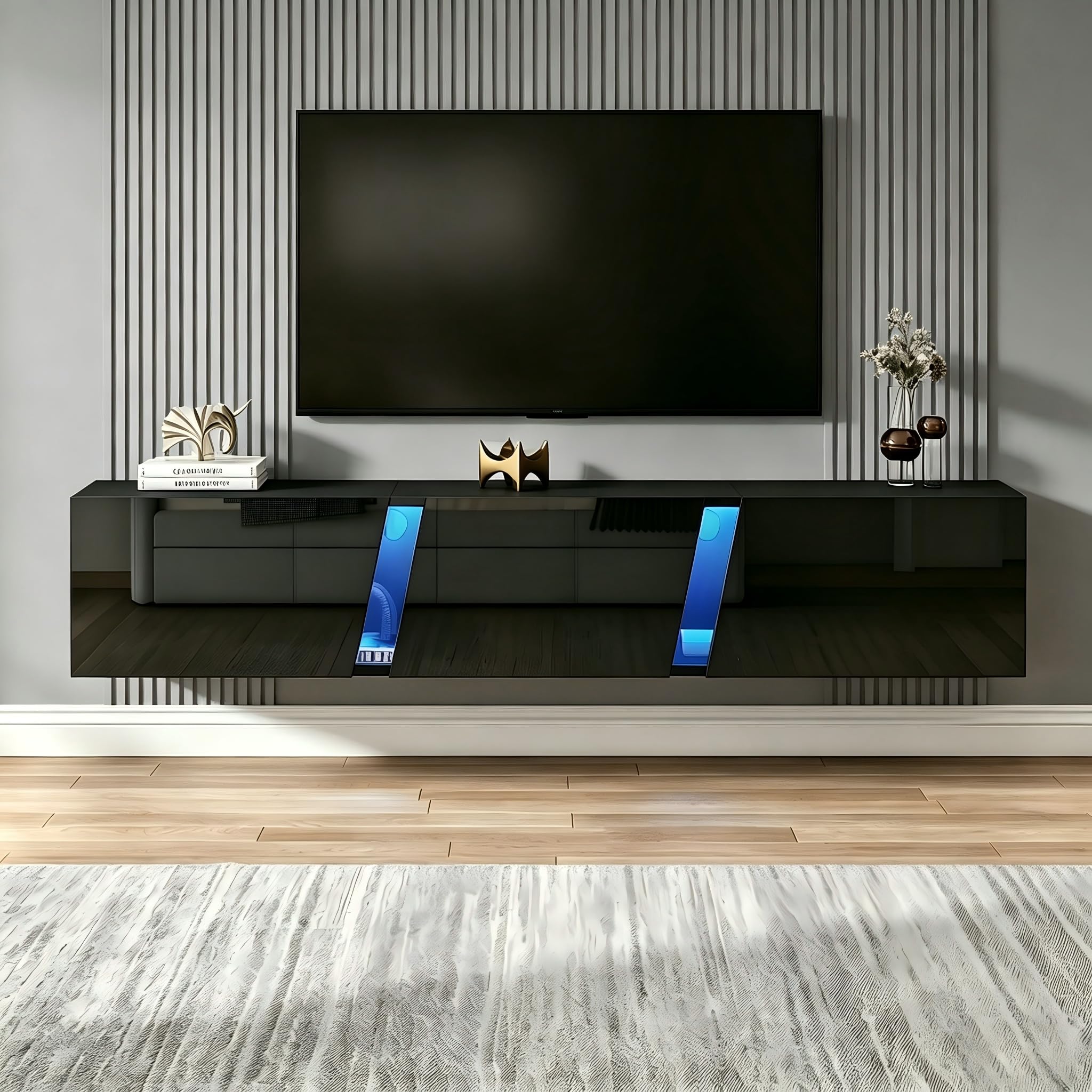 180 x 35 x 30 cm, mobile TV a parete, mobile basso con luci a LED, con 3 ante, adatto per TV da 75 pollici, mobile TV lucido, nero