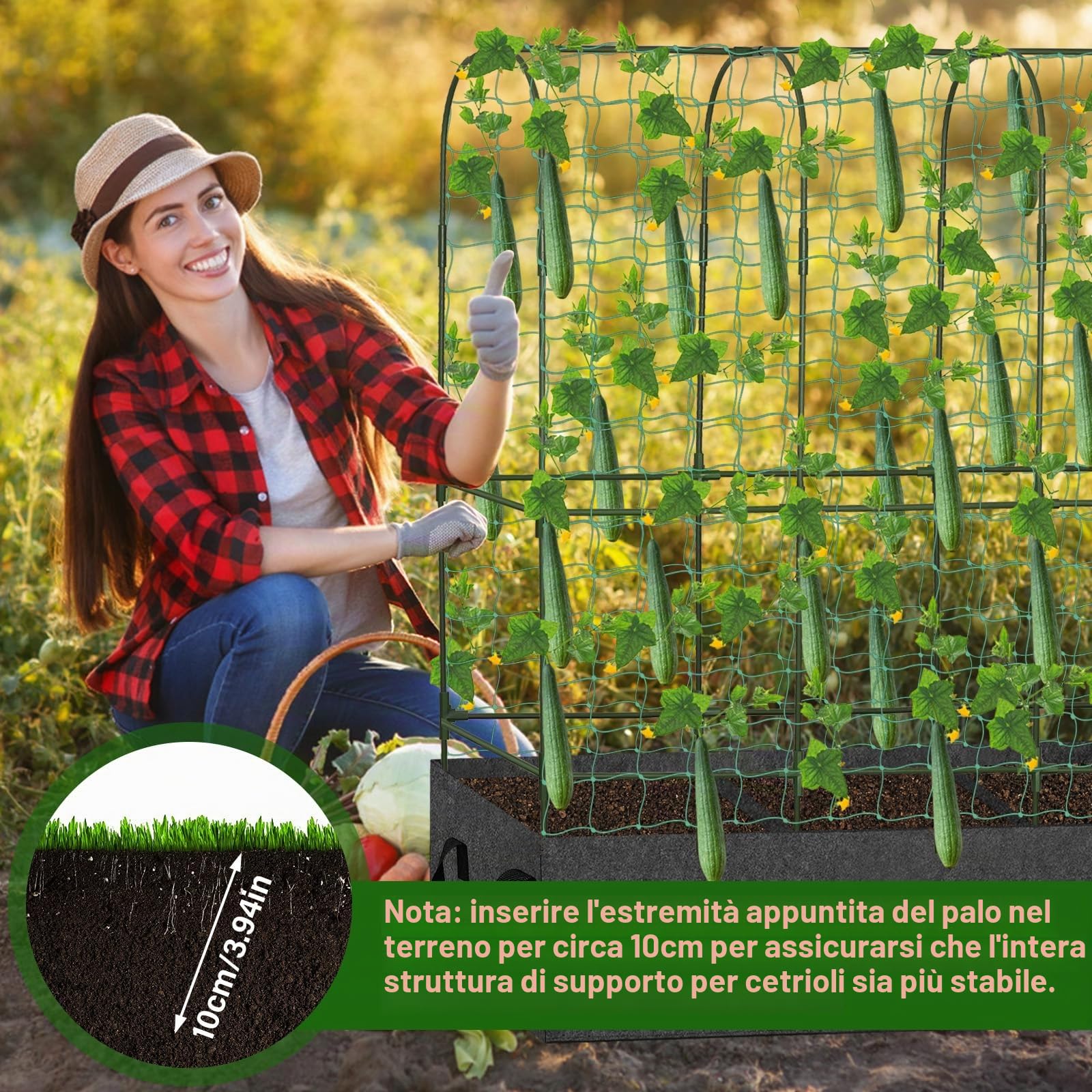 Rete per cetrioli da giardino per piante rampicanti all'aperto, grande griglia da giardino in metallo con borsa per la crescita, rete da giardino in nylon per aiuola rialzata, verdure, zucca, zucchine