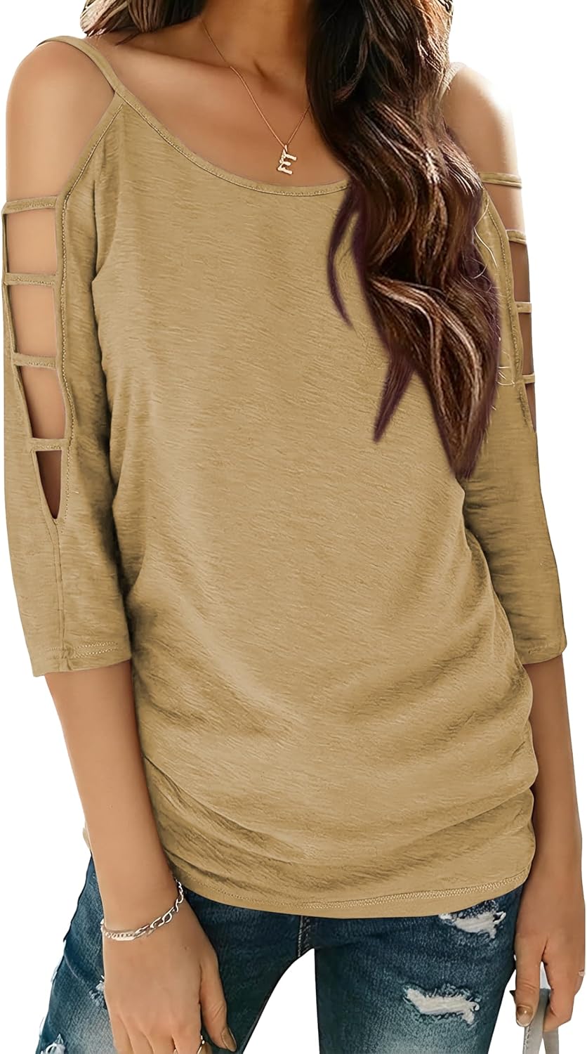 Jar of Love Women's Cold Shoulder Tops 3/4 Sleeve Sexy Going Out T-Shirts for Women Casual Tunic Tops - Image 2