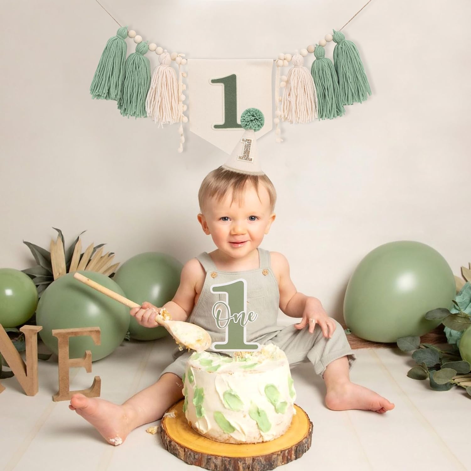 Green 1st Birthday Decoration Set - Wild One Tassel High Chair Banner,Green Forest Theme Cake Topper,Jungle Safari First Birthday Hat,Nature Party Decoration Photo Props
