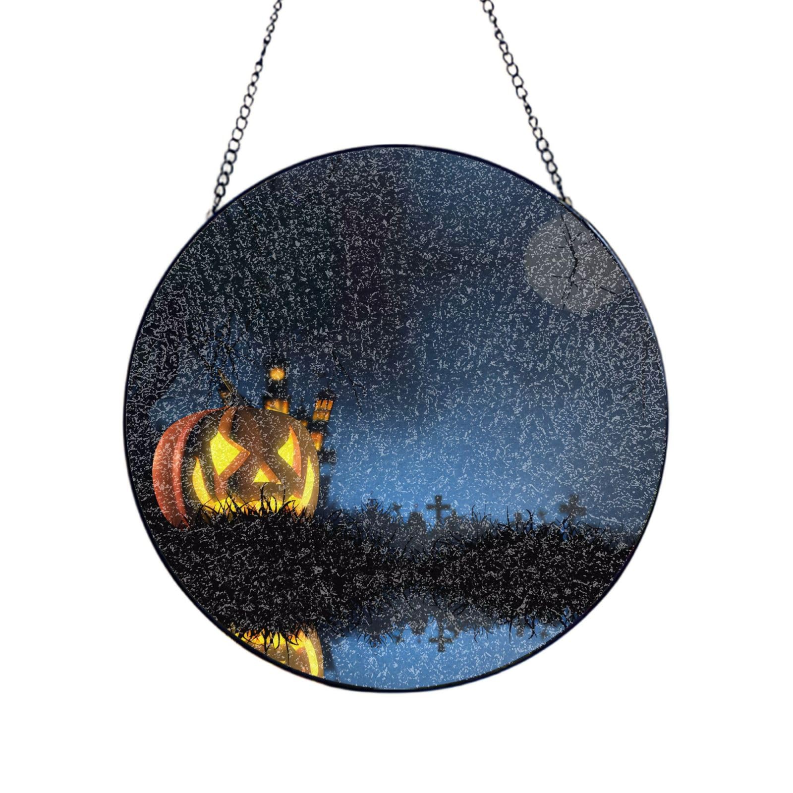 Phayah Halloween Pumpkin Print Glass Window Hanging Round Suncatcher Glass Ornament Garden Wall Fence Decorations Indoor Outdoor 8in（20cm）